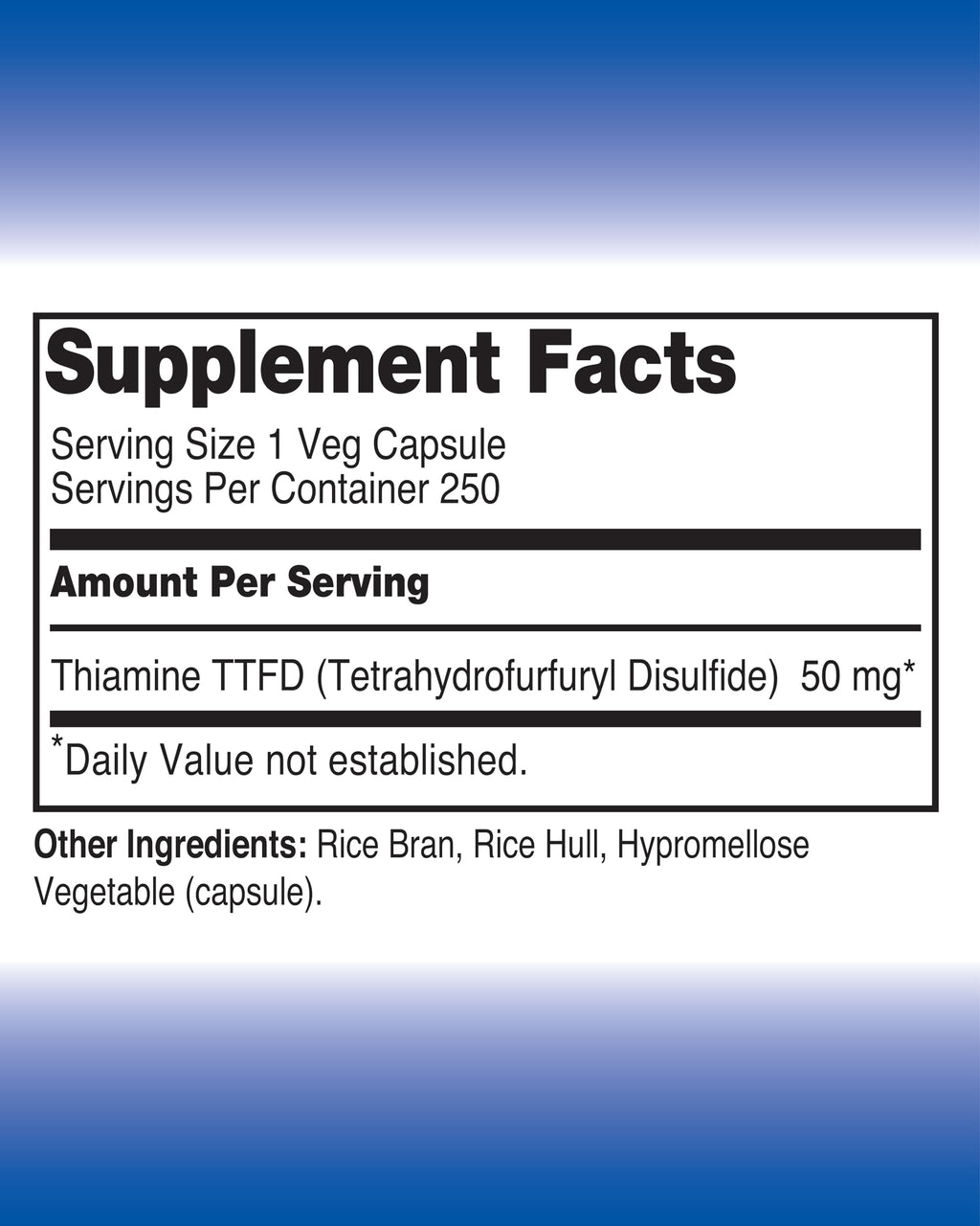 The One Pill Integrative Healing Vitamine B1 Thiamine TTFD, Thiamine Tetrahydrofurfuryl Disulfide, 50mg-250Capsules,Vegan,Non GMO,No Artificial fillers or Stearate additives.