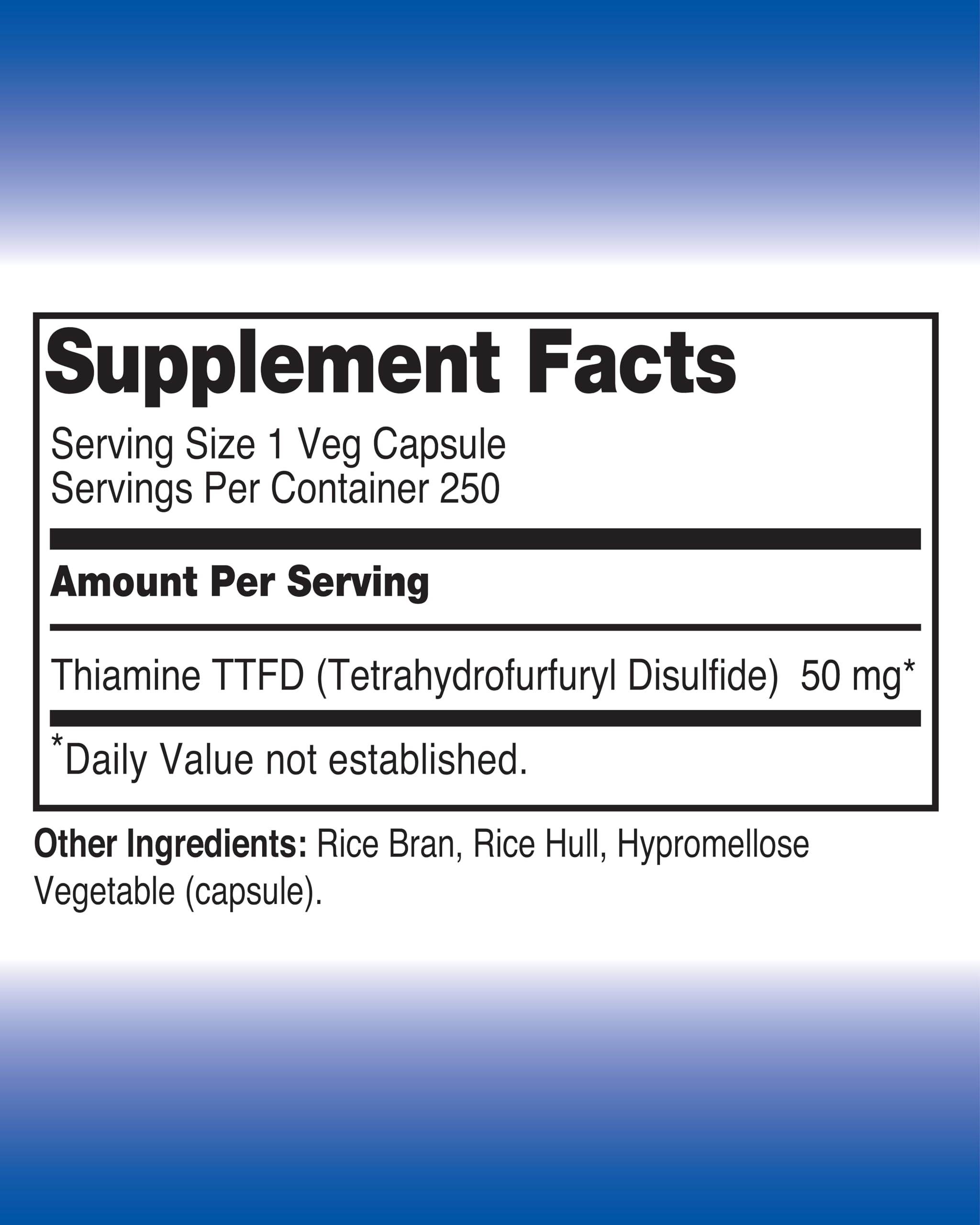 The One Pill Integrative Healing Vitamine B1 Thiamine TTFD, Thiamine Tetrahydrofurfuryl Disulfide, 50mg-250Capsules,Vegan,Non GMO,No Artificial fillers or Stearate additives.