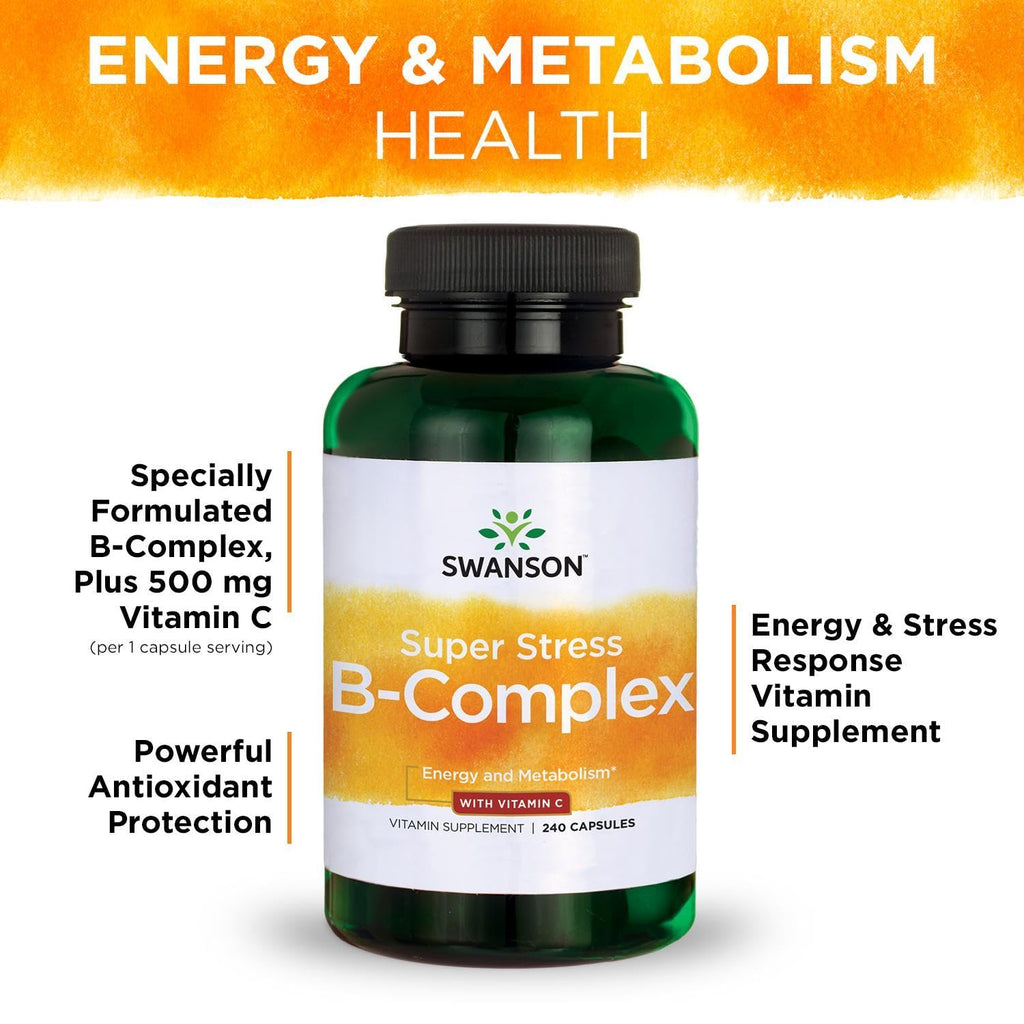 Swanson Super Stress B-Complex Energy and Wellness Supplement for Busy Adults Seeking Daily Vitamin B Support (240 Capsules)