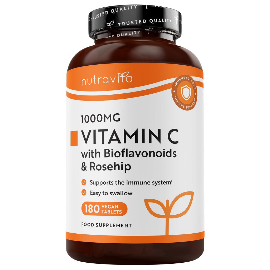 Nutravita Vitamin C 1000mg Tablets - 180 Vegan 1000mg Vitamin C Tablets not Capsules or Powder - 6 Months - High Strength Ascorbic Acid - Bioflavonoids & Rosehip - Immune Support - Made in UK