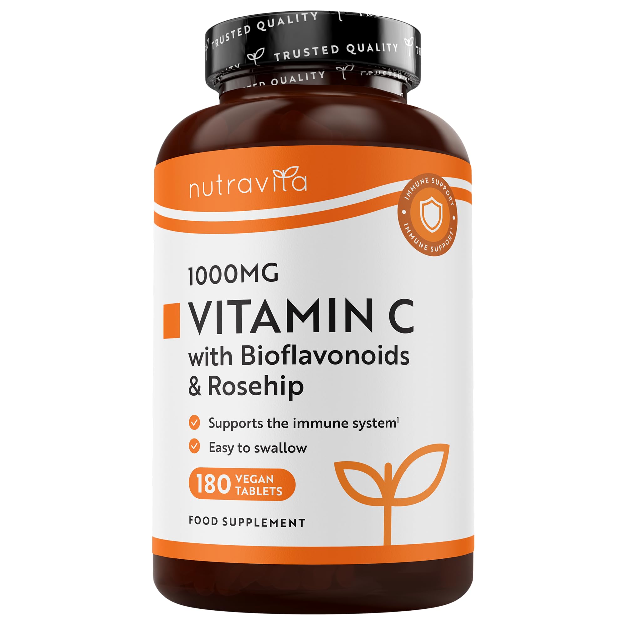 Nutravita Vitamin C 1000mg Tablets - 180 Vegan 1000mg Vitamin C Tablets not Capsules or Powder - 6 Months - High Strength Ascorbic Acid - Bioflavonoids & Rosehip - Immune Support - Made in UK