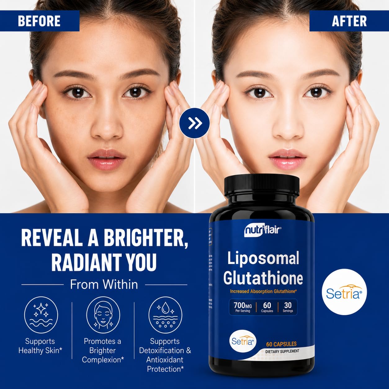 NutriFlair Liposomal Glutathione Supplement 700mg - Setria® Reduced L-Glutathione, 60 Capsules