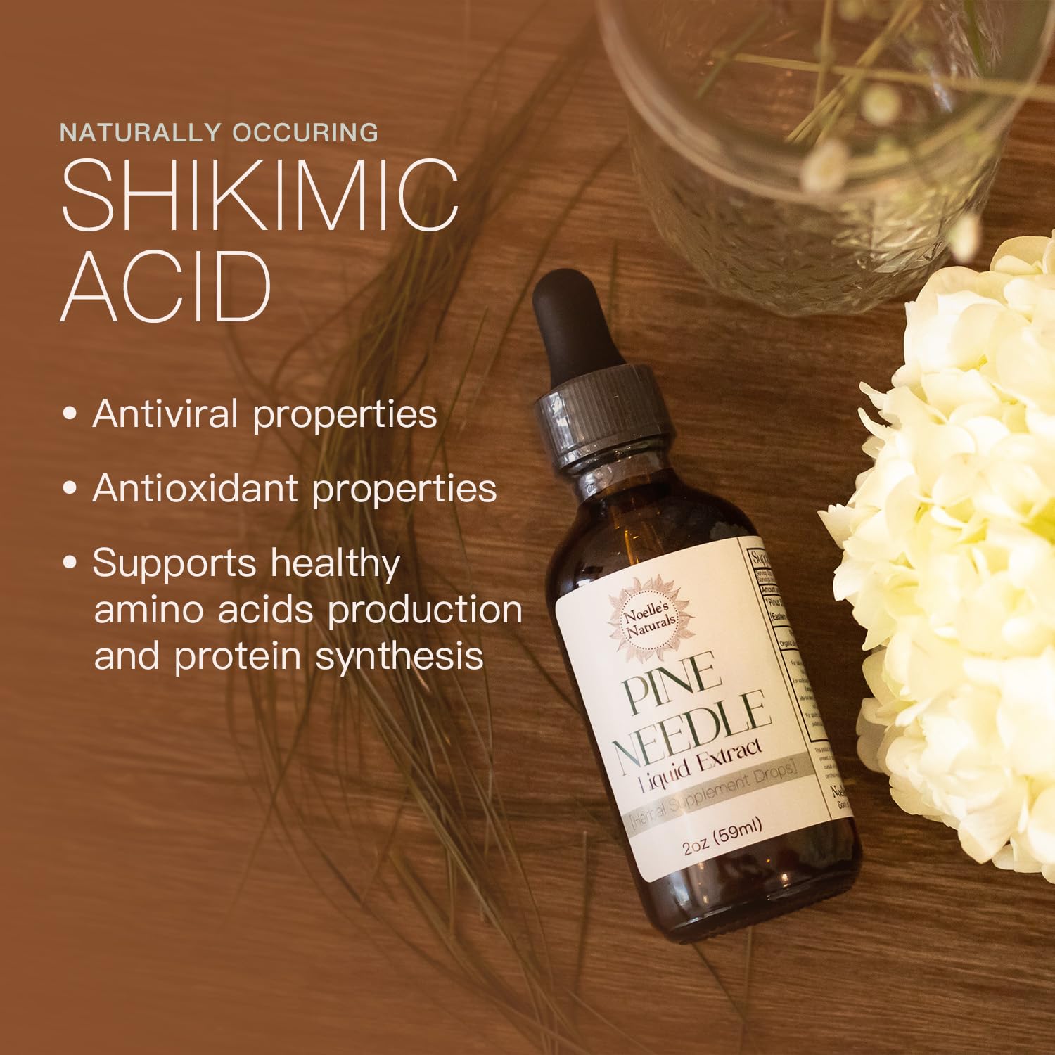 Noelle's Naturals Pine Needle Extract Tincture - Wildcrafted Eastern White Pine Needles, Organic, High Shikimic Acid, Vitamin C & Antioxidants - Immune Support Drops, 2 fl oz