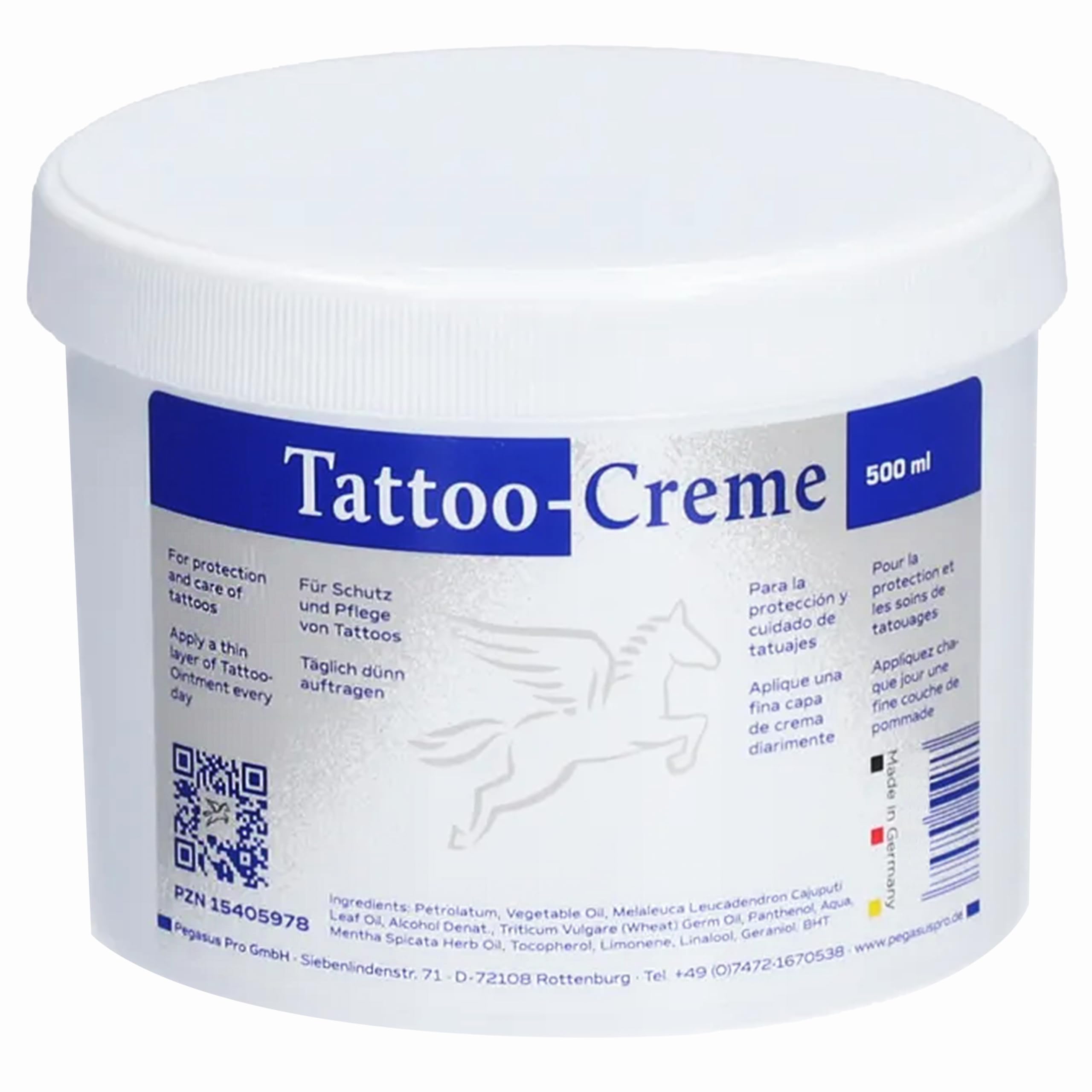 Pegasus Pro Tattoo Cream Ointment, 500 ml, Daily Care & Aftercare for Intensive Tattoo Protection, Moisturising with Cajeput Oil, with Wheat Germ Oil and Dexpanthenol, Made in Germany