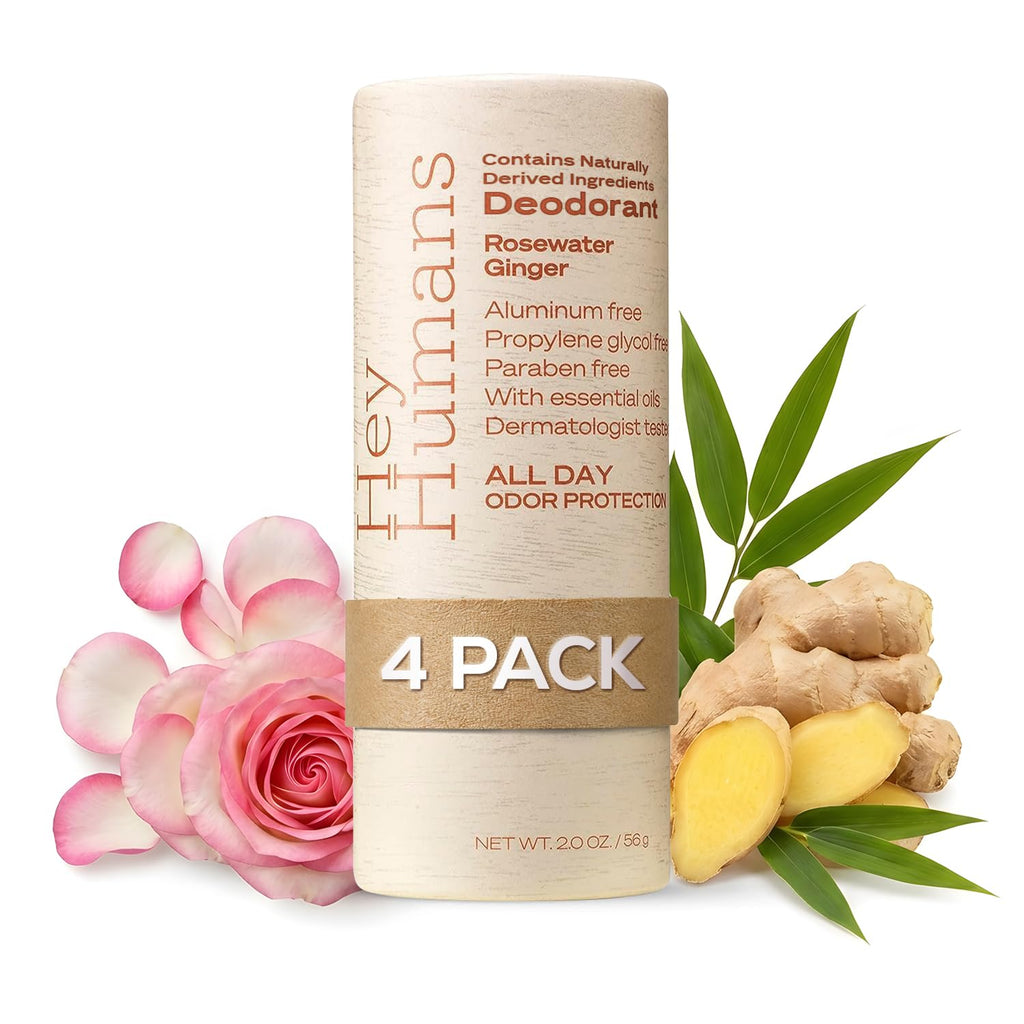 Hey Humans Deodorant, Aluminum Free Deodorant for Women and Men, Contains Naturally Derived Ingredients, All Day Odor Control, Refreshing Essential Oils, Earth Friendly Package, Rosewater Ginger