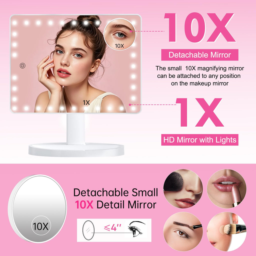 FUNTOUCH Large Lighted Makeup Mirror with Lights, Light Up Mirror with Small 10x Magnification for Desk, 360°Rotation Touch Screen,Brightness Adjustable Tabletop Cosmetic Vanity Make Up Mirror