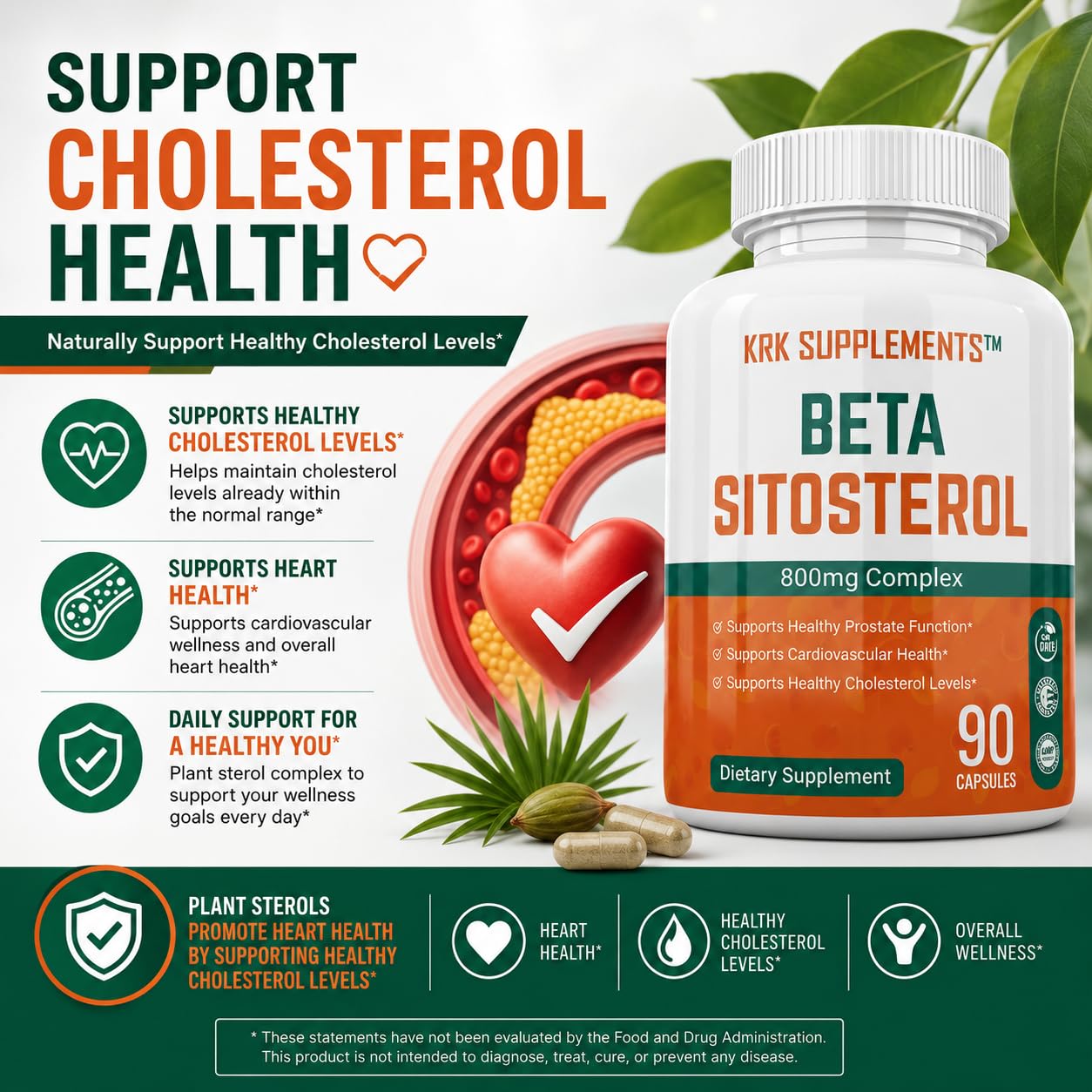 KRK SUPPLEMENTS 2 Bottles Beta Sitosterol 800mg Per Serving 180 Total Capsules Prostate Support