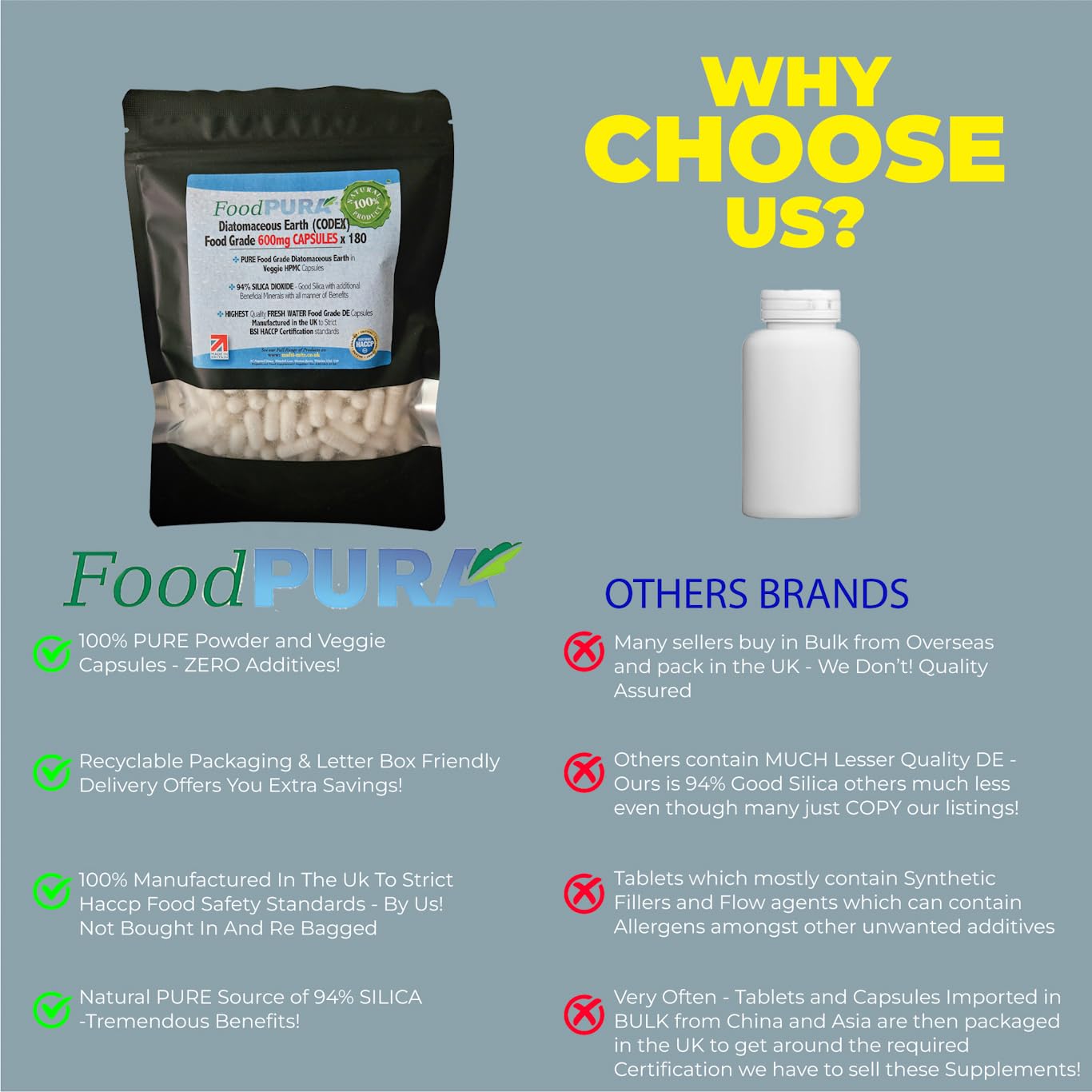 FoodPURA 90 X Food Grade Diatomaceous Earth Capsules (Codex) Pure White 94% Silica Fresh Water Sourced 600mg - Capsules, The SAFEST Way to take Supplements!