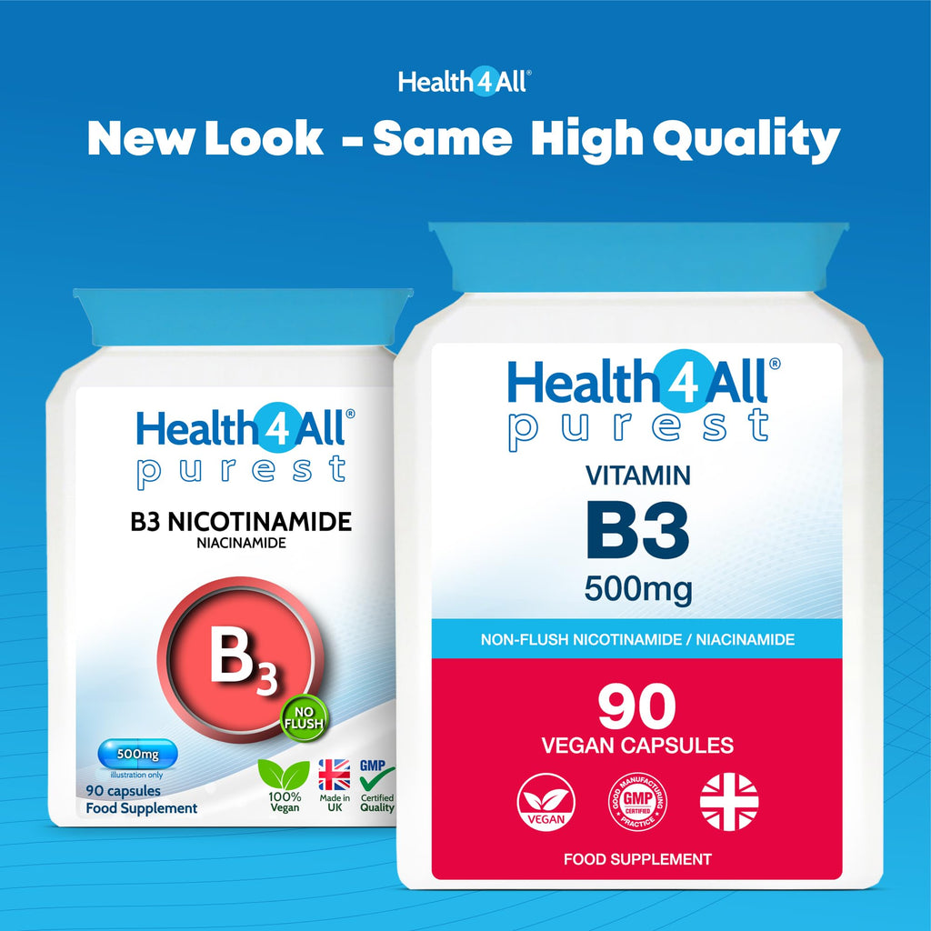 Vitamin B3 Nicotinamide (Niacinamide) 500mg 90 Capsules (V) Purest- no additives. Vegan. No-Flush Niacinamide. Made by Health4All