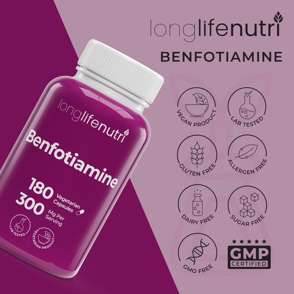 LongLifeNutri Benfotiamine 300mg – 180 Vegetarian Capsules, 6-Month Supply, Fat-Soluble B1 Thiamine Supplement for Energy and Wellness, Lab Tested, Made in USA