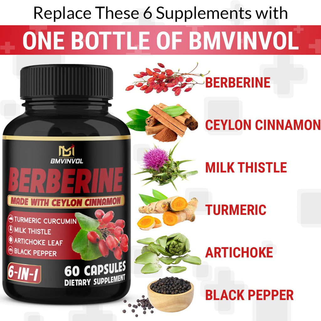 (3 Packs) Berberine Supplement Plus Ceylon Cinnamon, Milk Thistle, Turmeric, Artichoke Leaf, Black Peppe - 6 Month Supply - 180 Capsules Total
