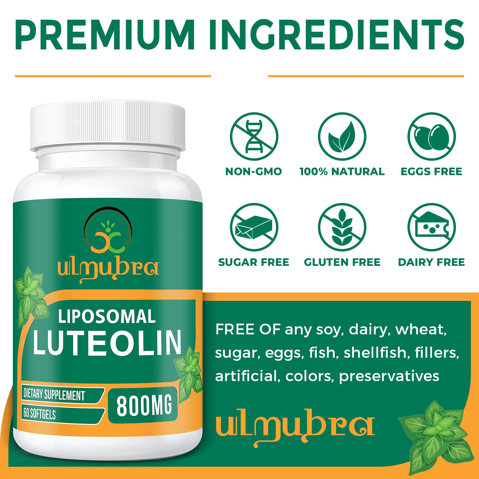 Ulmubra 800MG Liposomal Luteolin Supplement - Maximum Absorption, Premium Antioxidant Supplement for Brain & Overall Well-Being, 120 Softgels - 60-Day Supply