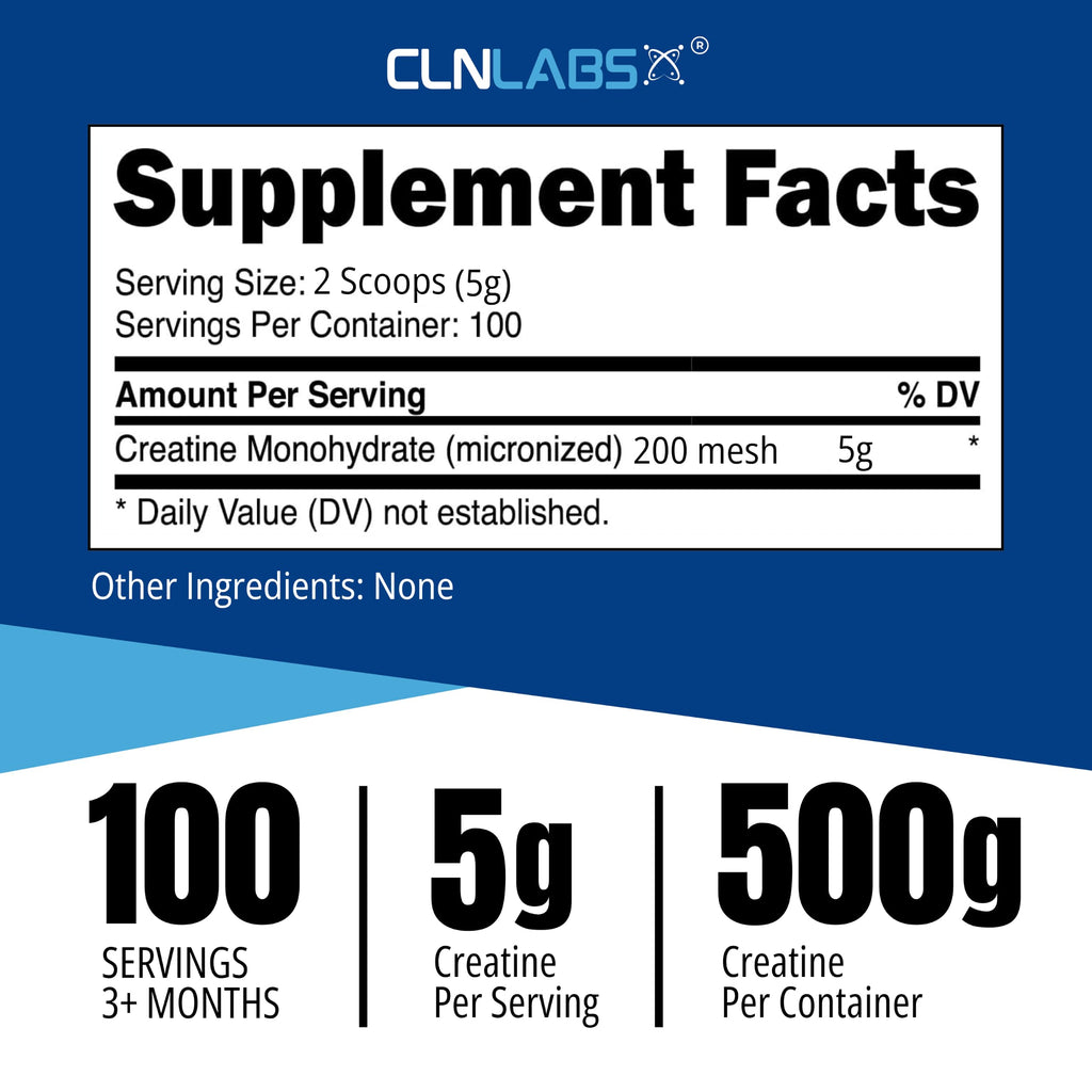 Creatine Monohydrate Powder - 500g Tub (200 Mesh) | Fine Grade, Pure & Mixes Easily | Includes Scoop | Unflavoured | Made in The UK By CLN Labs