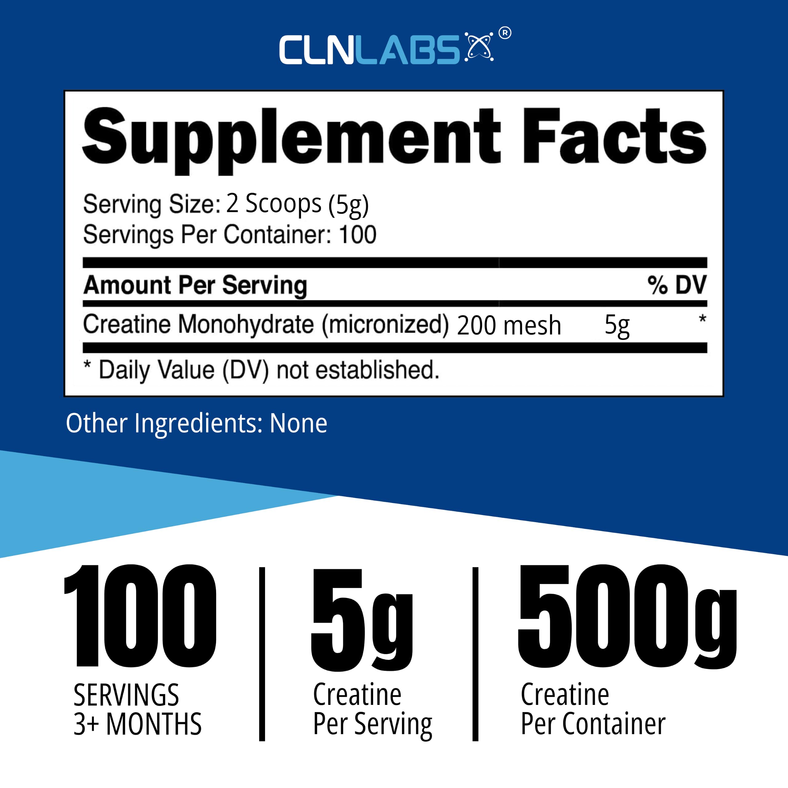 Creatine Monohydrate Powder - 500g Tub (200 Mesh) | Fine Grade, Pure & Mixes Easily | Includes Scoop | Unflavoured | Made in The UK By CLN Labs