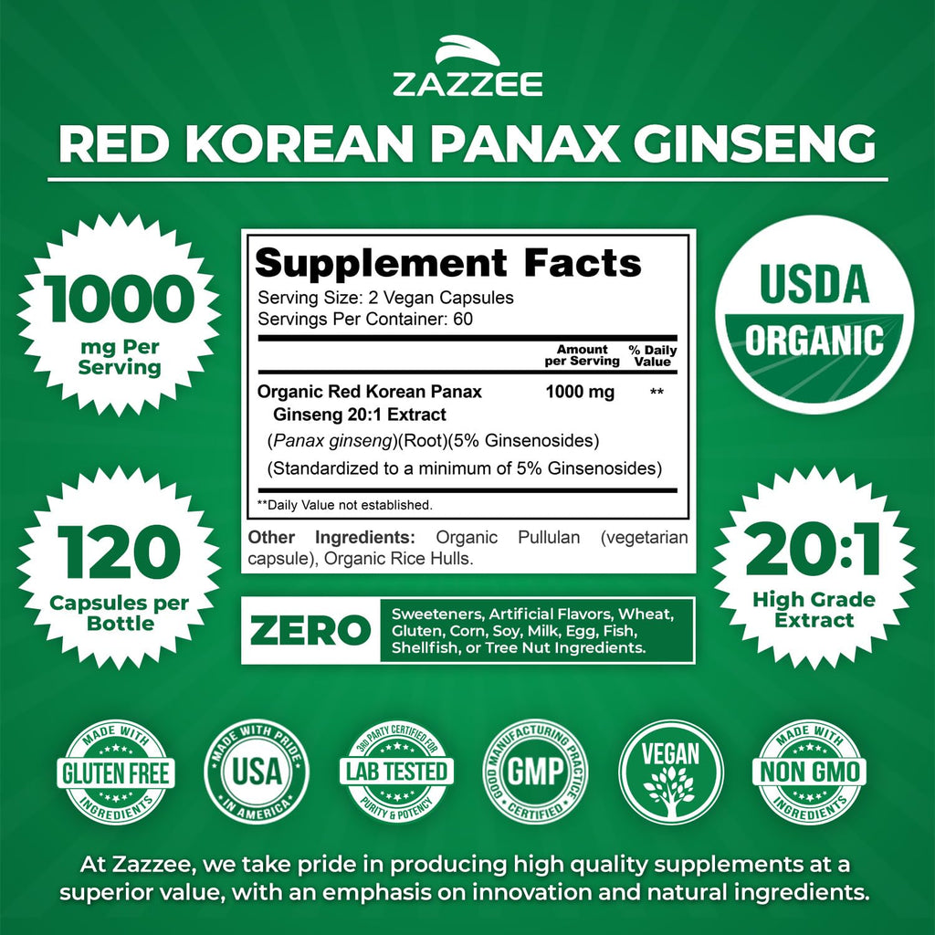 Zazzee USDA Organic Red Korean Panax Ginseng 20:1 Extract, 1000 mg, 5% Ginsenosides, 120 Vegan Capsules, Standardized and Concentrated 20X Root Extract, 100% Vegetarian, All-Natural, Made in the USA