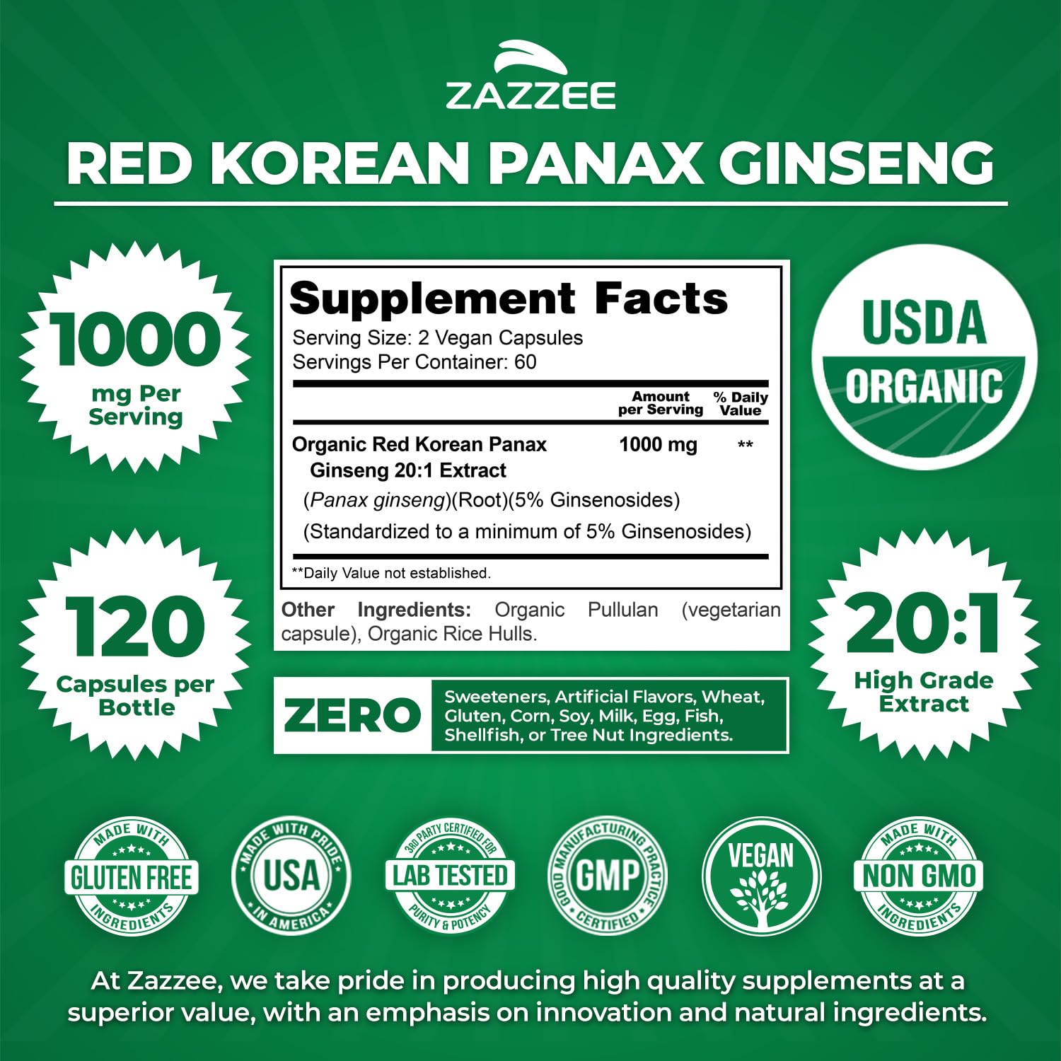 Zazzee USDA Organic Red Korean Panax Ginseng 20:1 Extract, 1000 mg, 5% Ginsenosides, 120 Vegan Capsules, Standardized and Concentrated 20X Root Extract, 100% Vegetarian, All-Natural, Made in the USA