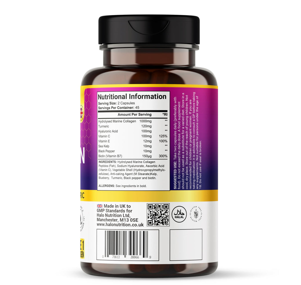 Halo Nutrition Pure Marine Collagen Capsules 1400mg | Halal Collagen Supplements for Women & Men Enhanced with Hyaluronic Acid, Vitamin C, Turmeric & Biotin Supports Hair, Skin, & Joint | 90 Capsules