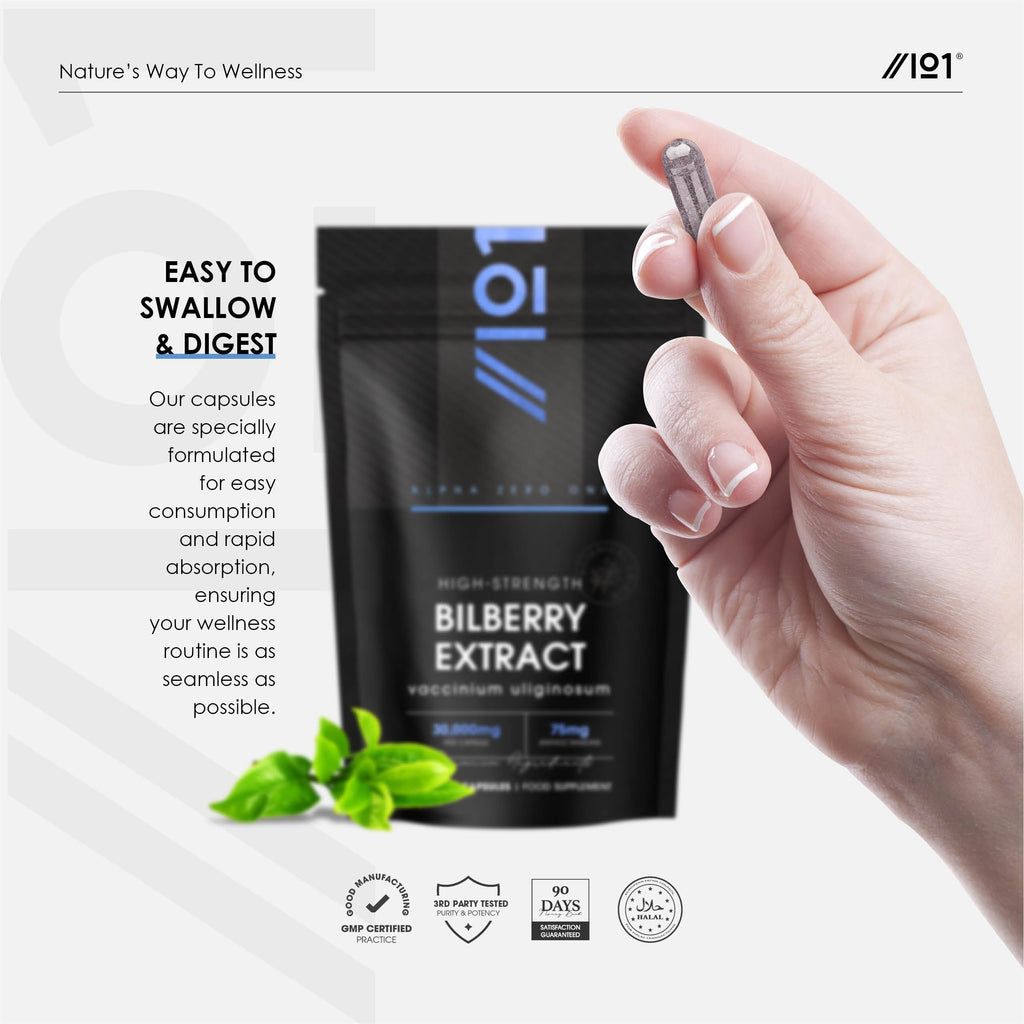 Bilberry Extract 30,000mg - Standardised 25% Anthocyanidins from 50:1 Vaccinium Uliginosum Extract - 90 Vegan Capsules (3 Months Supply) – Resealable and Recyclable Pouch by Alpha01