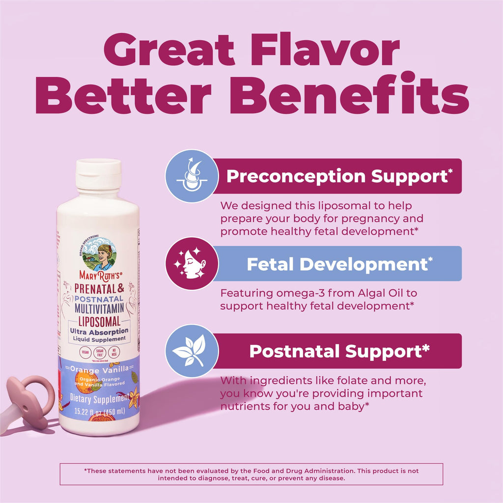 MaryRuth’s Prenatal & Postnatal Multivitamin Liposomal | Preconception & Pregnancy | Prenatal Vitamins for Women with Folate Choline Omega 3 DHA | Vegan | Sugar Free | Gluten Free | 30 Servings