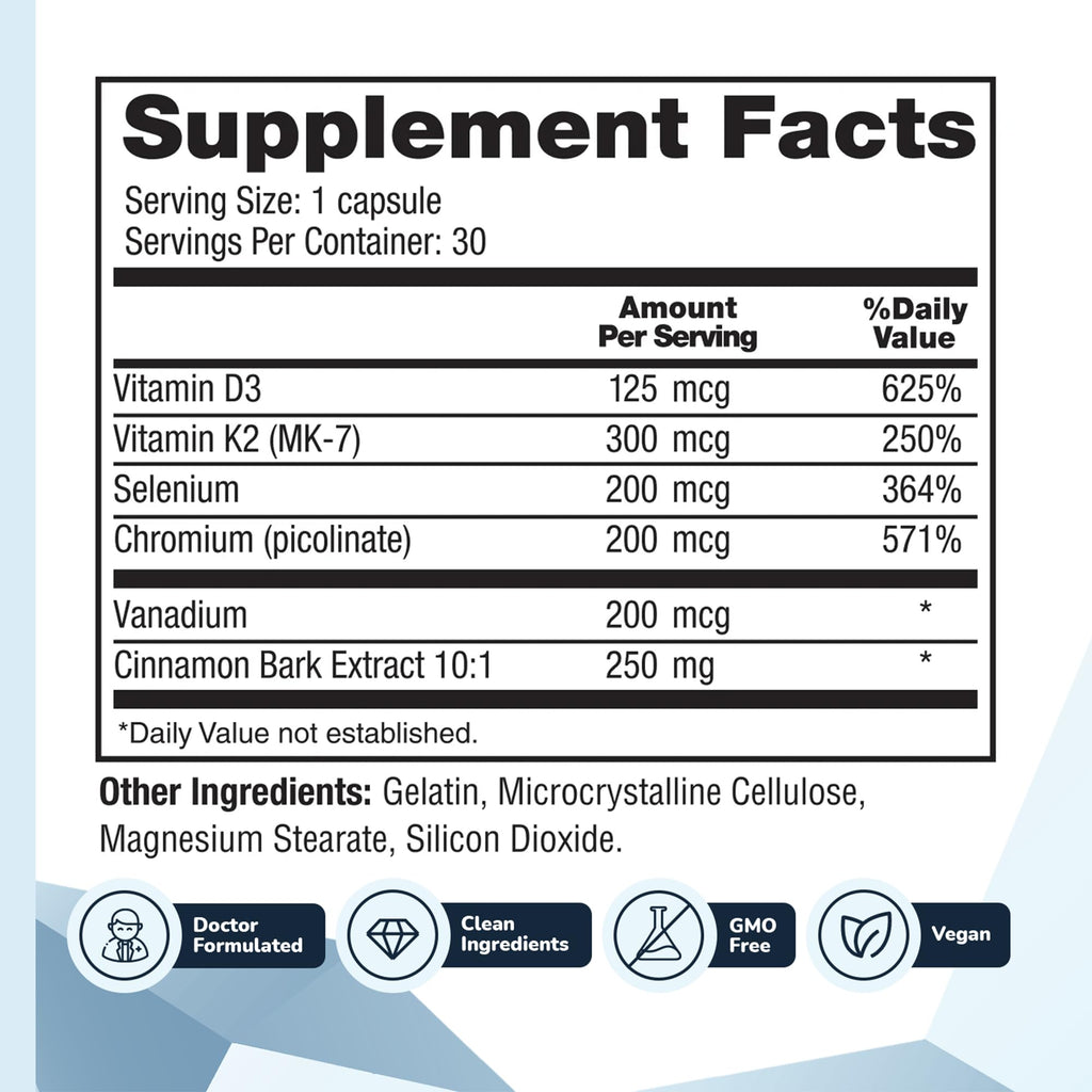 CinnaChroma Capsules - Cinnamon Supplements with 10:1 Extract, Chromium, Vanadium, Selenium, Vitamin D3 & K2 - Natural Sugar Blocker - 30 Capsules, 1 Month Supply
