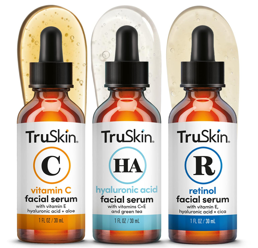 TruSkin Face Serum Trio - Vitamin C, Retinol & Hyaluronic Acid Anti-Aging Serums for Face - AM, PM & All-Day Skincare Routine - Brightening, Smoothing & Hydrating Facial Serums, 1 fl oz Each