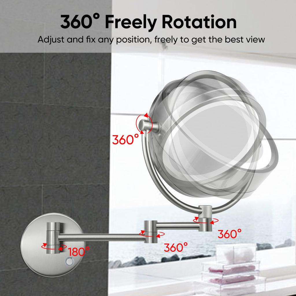 GURUN Wall Mounted Hardwired Makeup Mirror with 3 Dimmable LED Lights 10x Magnifying Mirror for Bathroom Touch Control 13" Extendable Arm Direct Wire Brushed Nickel M1809DN (10x,Nickel)
