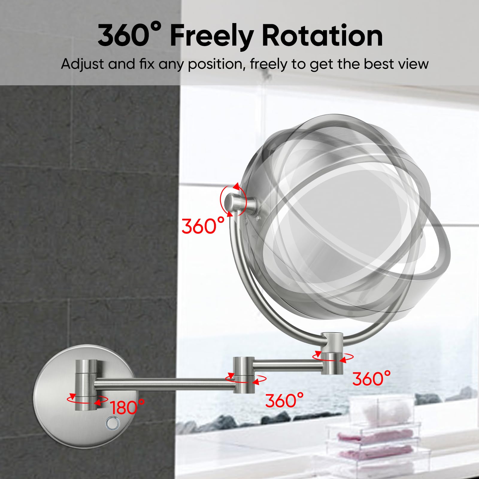 GURUN Wall Mounted Hardwired Makeup Mirror with 3 Dimmable LED Lights 10x Magnifying Mirror for Bathroom Touch Control 13" Extendable Arm Direct Wire Brushed Nickel M1809DN (10x,Nickel)