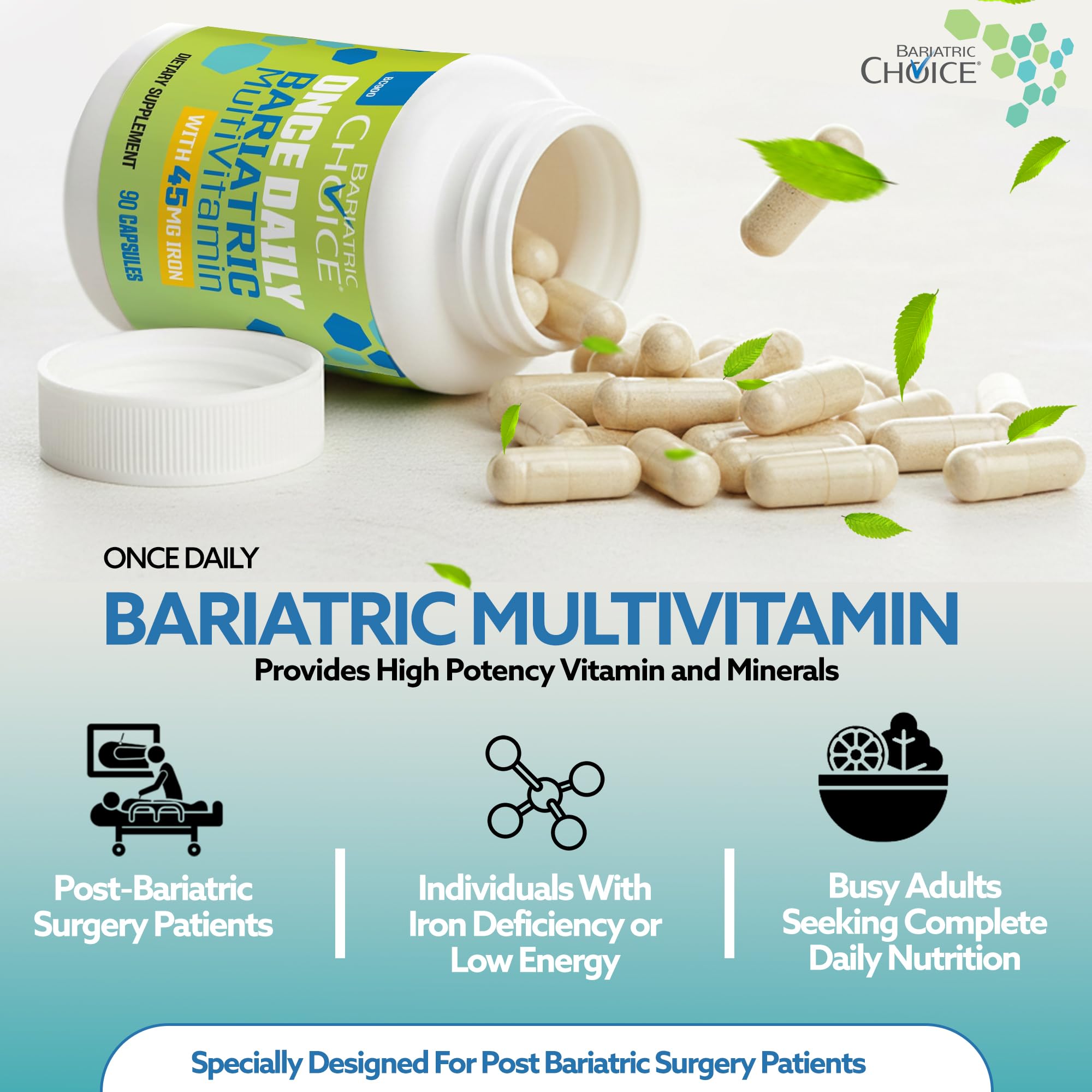 Bariatric Choice Bariatric Multivitamin with Iron 45mg – Once Daily Easy to Swallow Capsule for Gastric Bypass & Sleeve Patients – High Potency Vitamins A, D, B12 & More – 3 Month Supply (90 Count)
