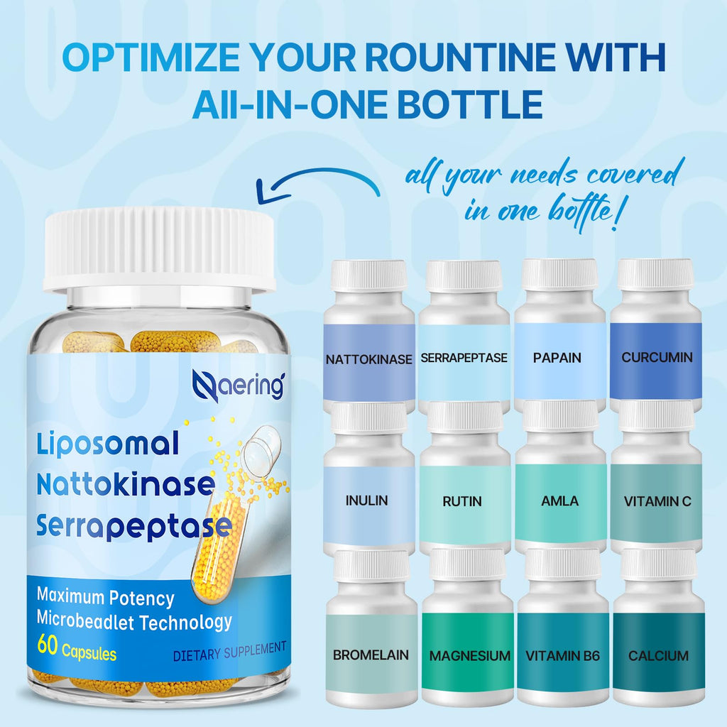 Liposomal Nattokinase 12,000 FU Serrapeptase 360,000 SPU Enzyme Supplement - Enriched with Synergistic Enzymes and Nutrient Blend & Inulin for Circulatory, Gut, Digestion 60 Capsules (1 Bottle)