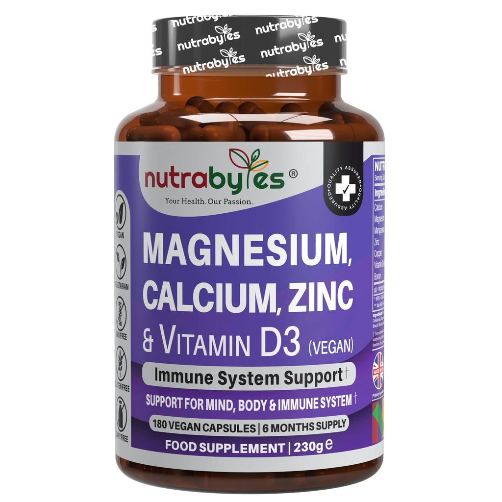 Magnesium, Calcium, Zinc, Vitamin D3 | 180 Vegan Capsules | Made in UK