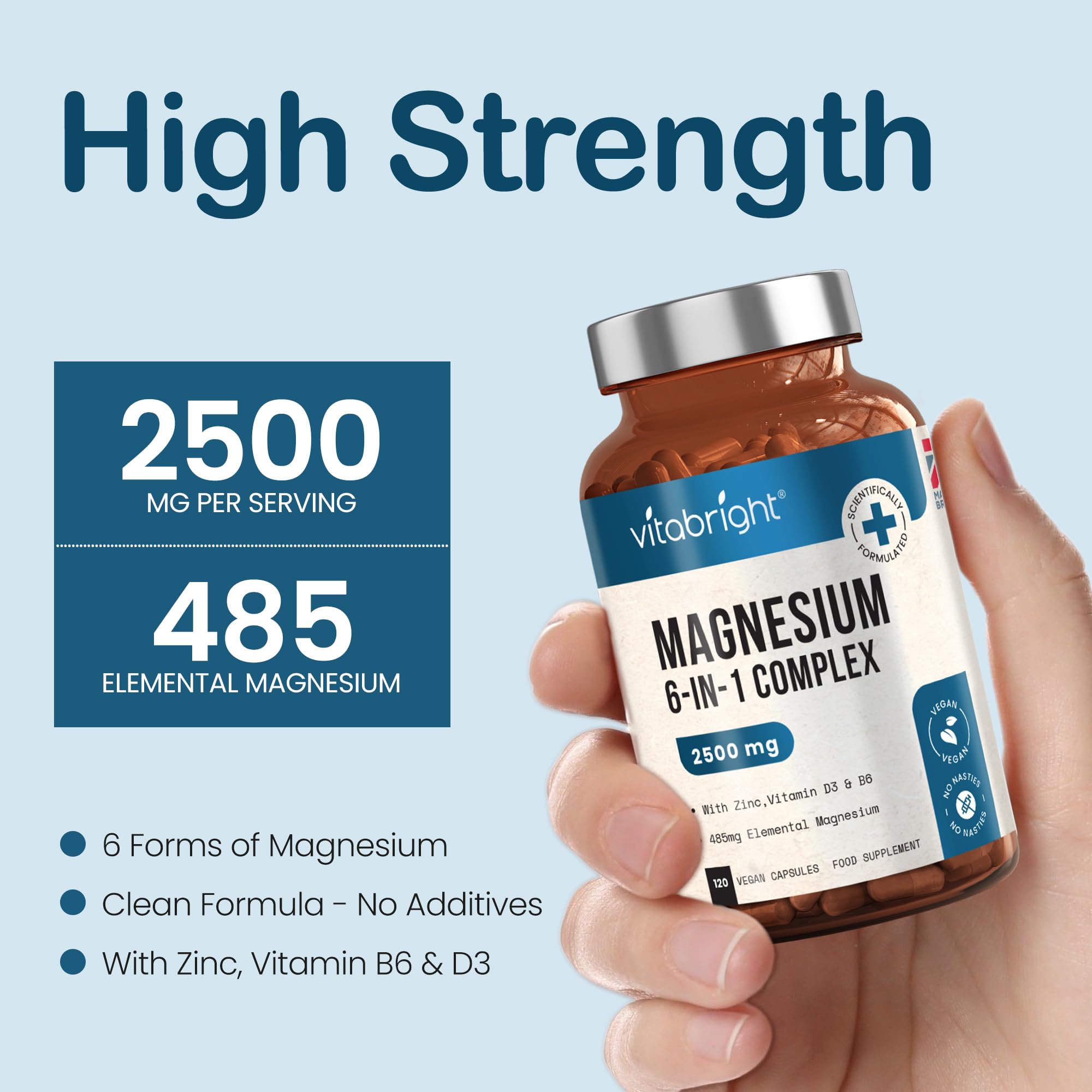 VitaBright Magnesium Glycinate Complex 6-in-1 | 2500mg, 485mg Elemental | 120 Caps | Glycinate Tablets, Zinc, Vitamin B6 & D | High Strength Magnesium Supplements for Women | ZMA Supplements for Men