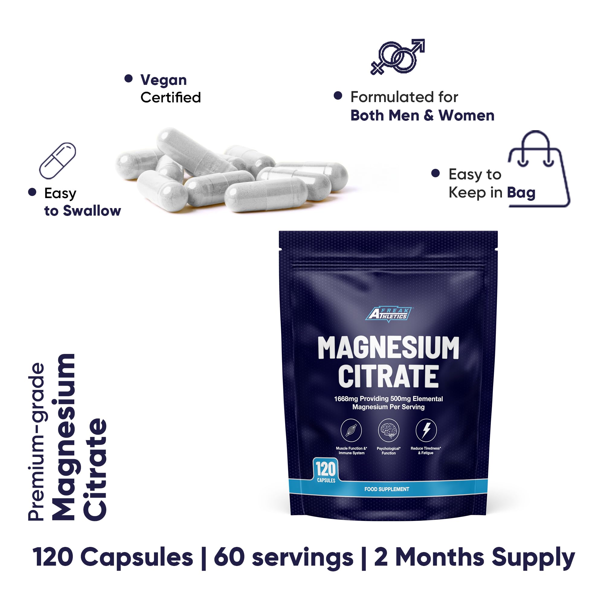 Freak Athletics Magnesium Citrate 500mg - 120 Capsules, 60 Servings,UK Made