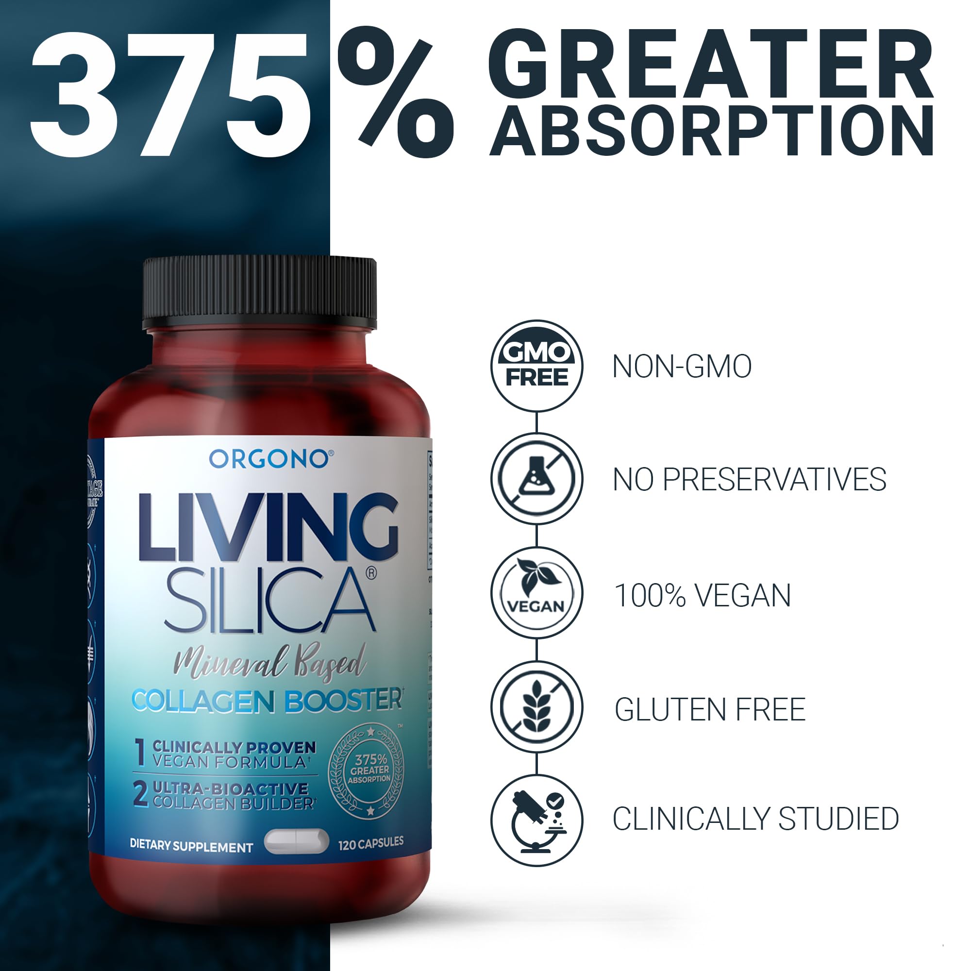 Living Silica ORGONO Mineral-Based Collagen Booster Capsules | Silica-Based | Supports Collagen & Elastin for Joint & Bone Support, Glowing Skin, Strong Hair & Nails | 120 Capsules