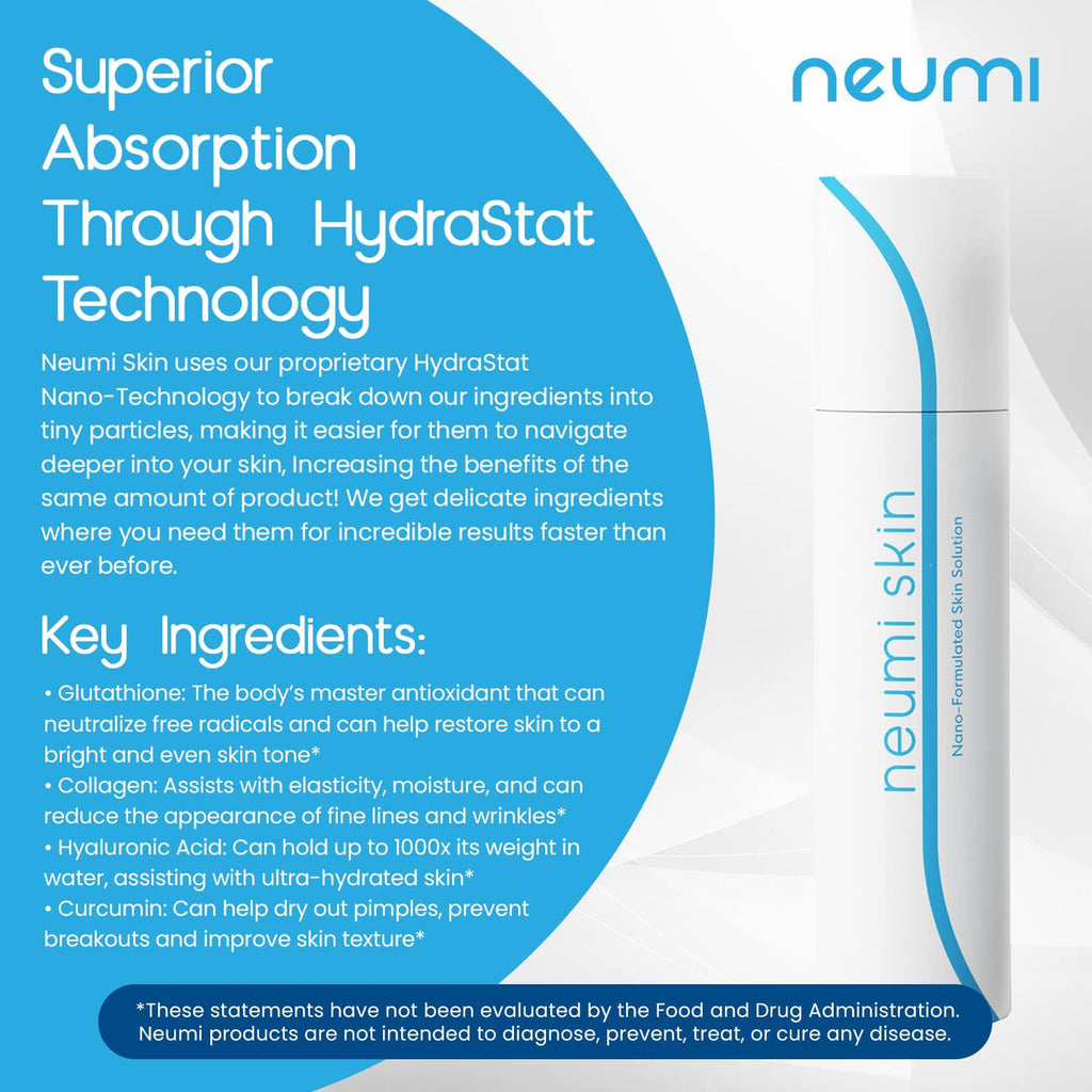 Neumi Skin 3.4 FL OZ Facial Spray (Nano-Formulated) with Glutathione, Collagen, and Hyaluronic Acid, Face Care & Firm, Pore Minimizer Face Spray, Reduce Fine Lines and Wrinkles, (1 Pack)