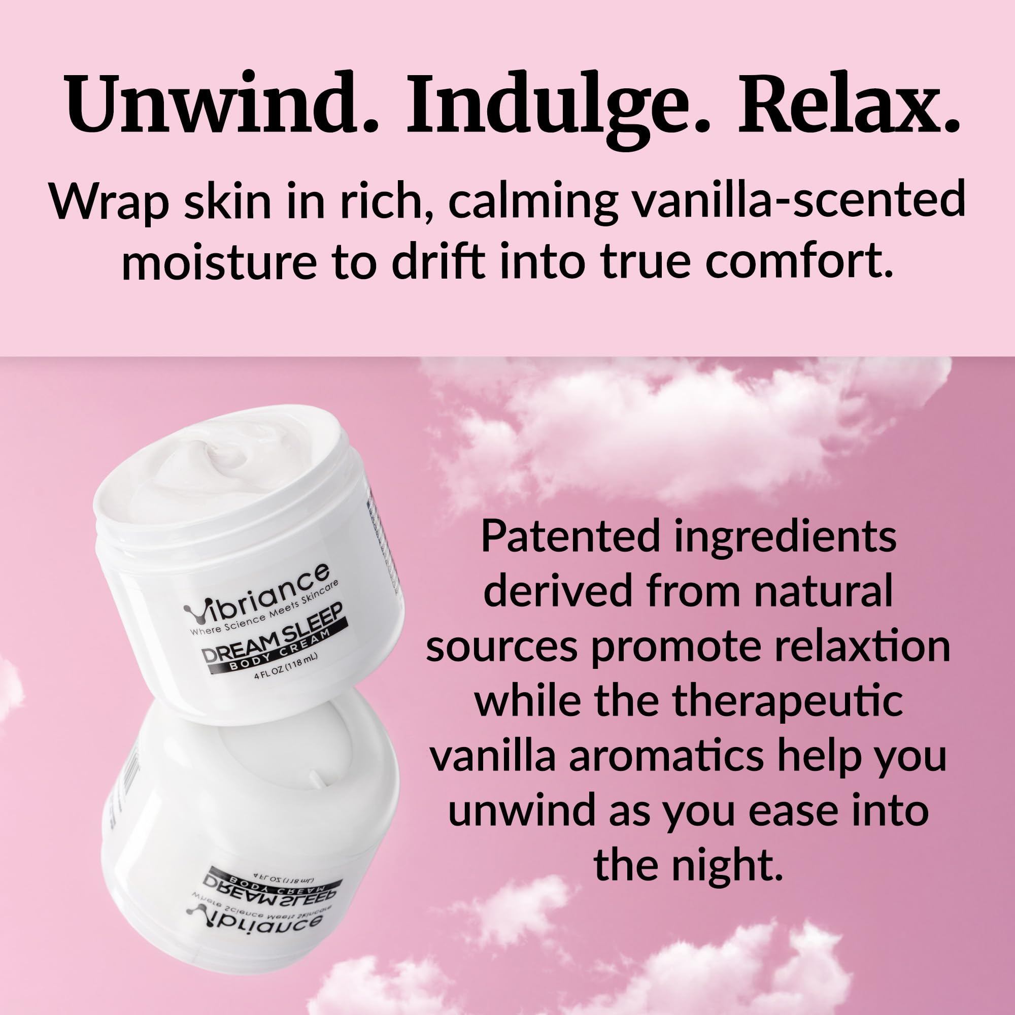 Vibriance Dream Sleep Body Cream, 4 fl oz - Fluffy Full Moisturizer for Dry Skin, Relaxation and Rejuvenation with Therapeutic Ingredients, Soothing Vanilla Aromatics