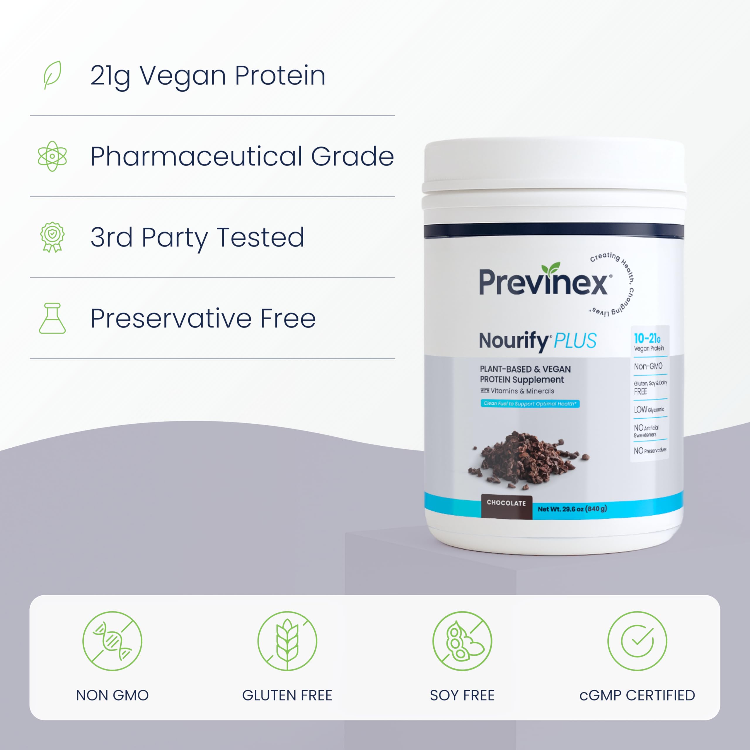 Previnex Nourify Plus Plant-Based Protein Shake - All Natural Vegan Protein Powder, High Protein & Low Sugar, Gluten Free, Soy Free & Dairy Free, Chocolate Protein Powder (29.3 oz)