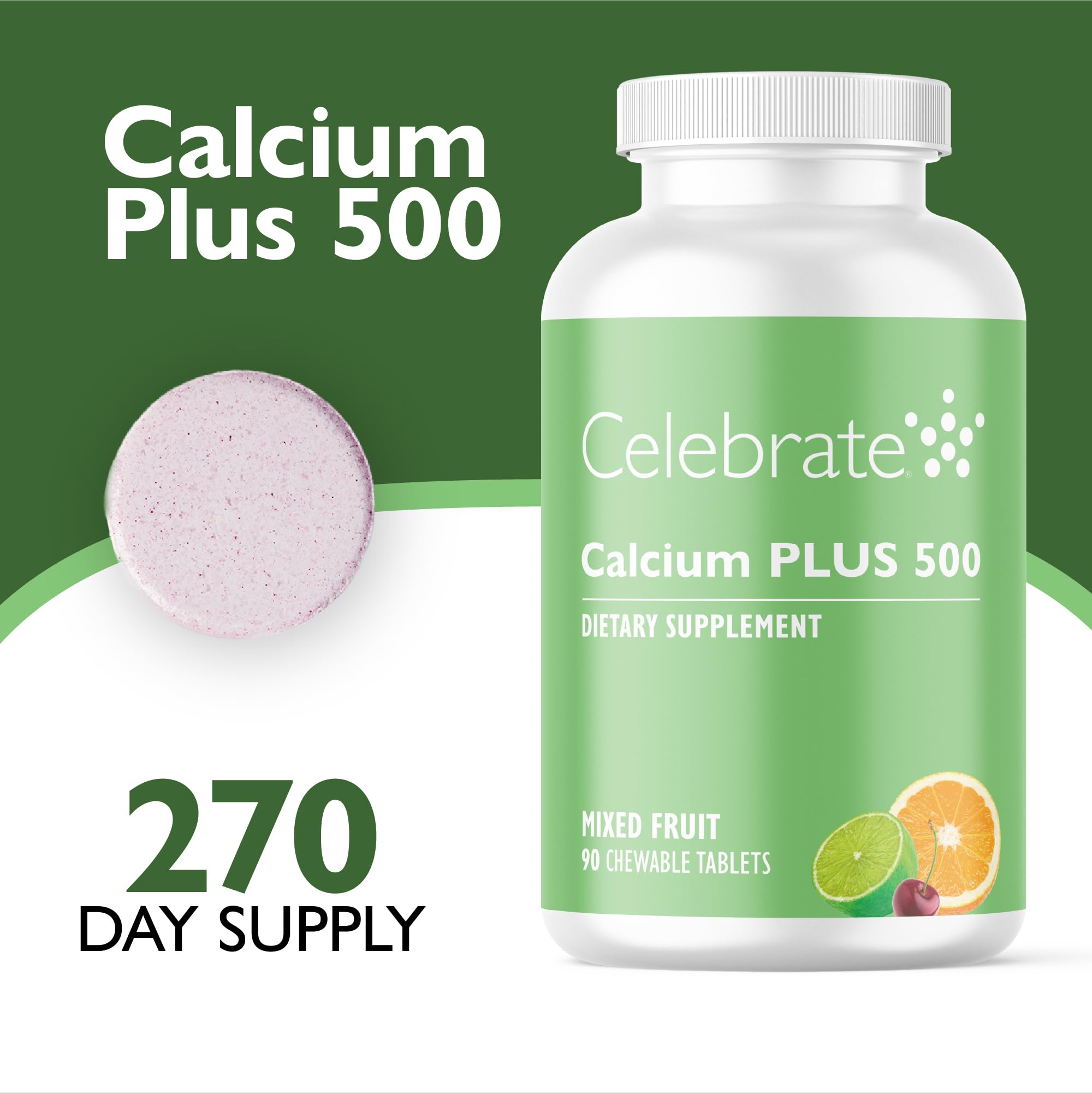 Celebrate Vitamins Calcium Plus - 500mg Calcium Citrate, 333 IU Vitamin D3 & 34mg Magnesium for Post Bariatric Surgery - Gluten-Free & Sugar-Free - Mixed Fruit, 270 Chewable Tablets