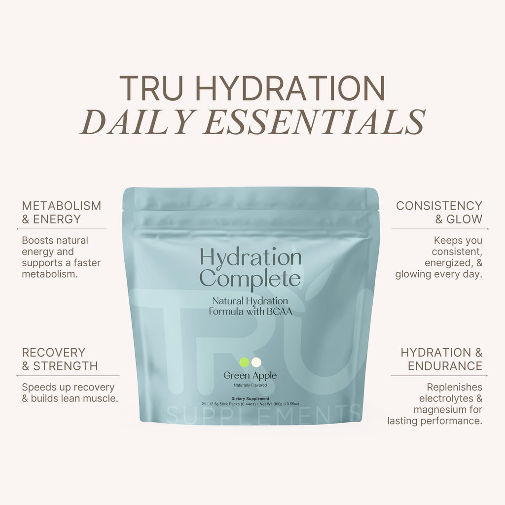 TRU Supplements Hydration Complete BCAA, Plant Based Amino Acids + Pink Himalayan Salt, Electrolytes & L-Carnitine, Vegan, Zero Calories, No Artificial sweeteners, 24 Servings, Green Apple