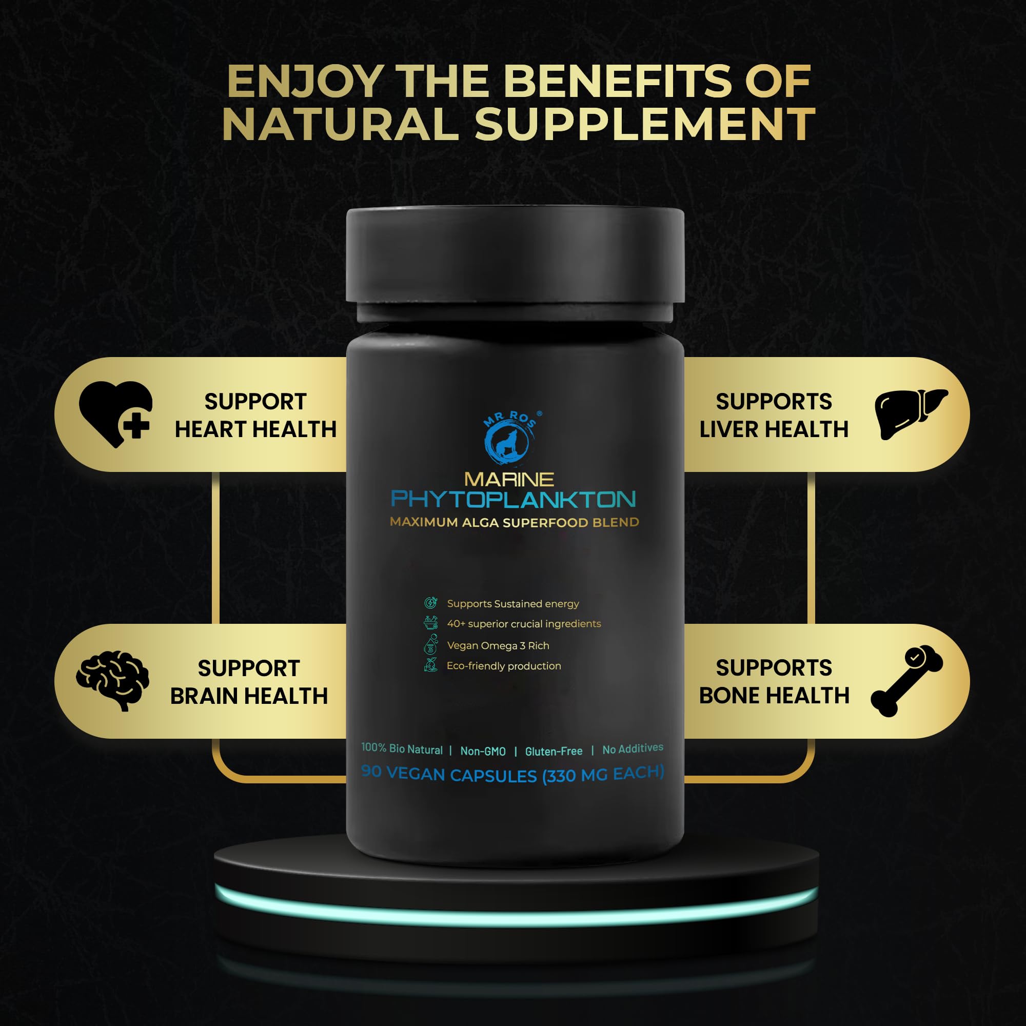 Mr Ros Marine Phytoplankton Capsules – 90 Vegan Capsules – Natural Energy, Immune, and Cognitive Support – Omega-3 Nannochloropsis gaditana Superfood, Non-GMO, Gluten Free