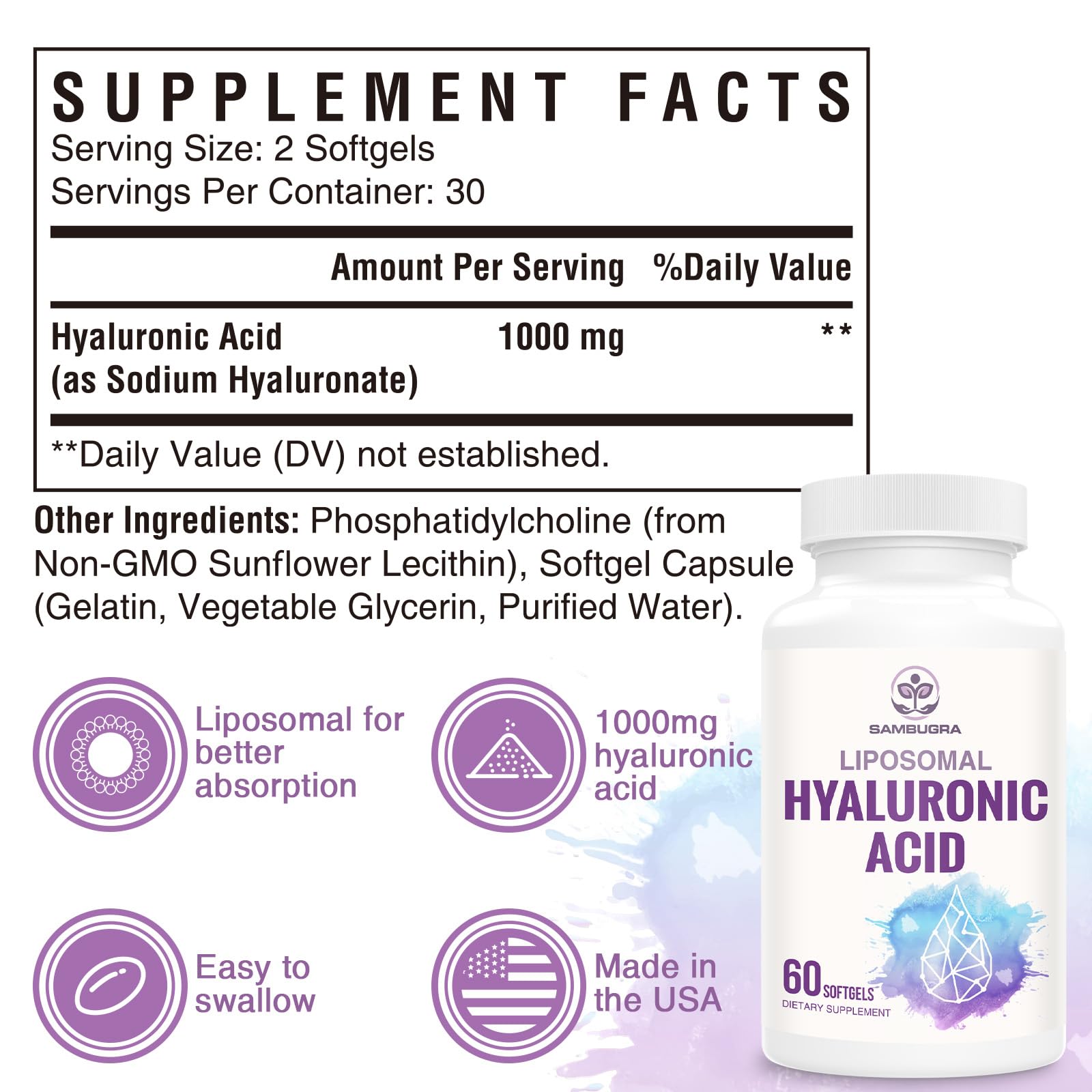Sambugra Liposomal Hyaluronic Acid 1000mg, High BioavailabilityHyaluronic Acid Capsules, Dietary Supplement Support Skin and Bones, 120 Capsules (Pack of 2)