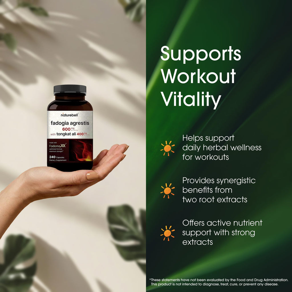 NatureBell Fadogia Agrestis 600mg & Tongkat Ali 400mg - 240 Capsules (4-Month Supply) - High-Potency Supplement for Energy, Vitality & Workout Support - Non-GMO, Gluten-Free - 3rd Party Tested