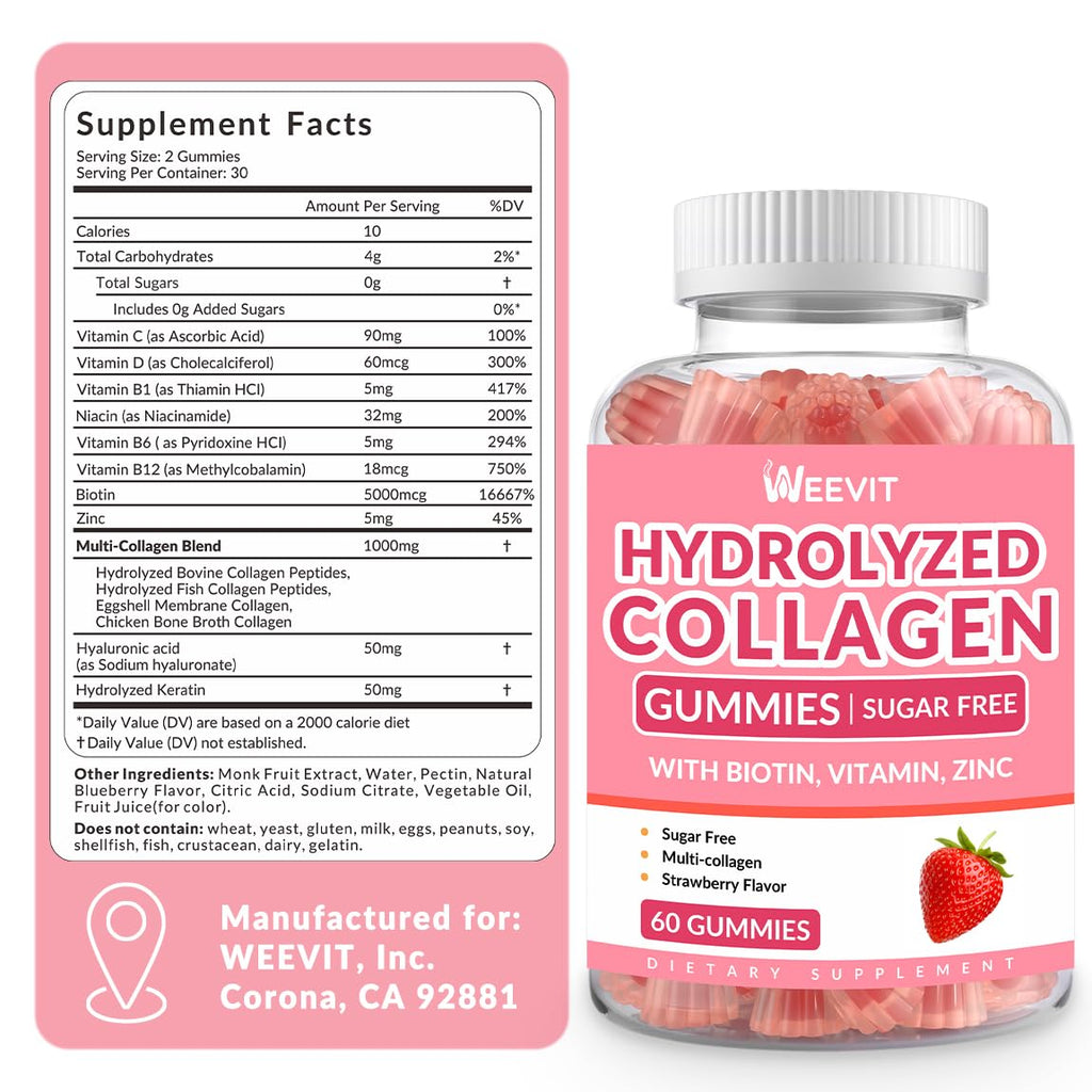 Collagen Gummies for Women, Hydrolyzed Collagen Peptides Gummies with Biotin, Collagen Supplements Gummy with Vitamin B12, C, D, Zinc for Hair Skin Nail