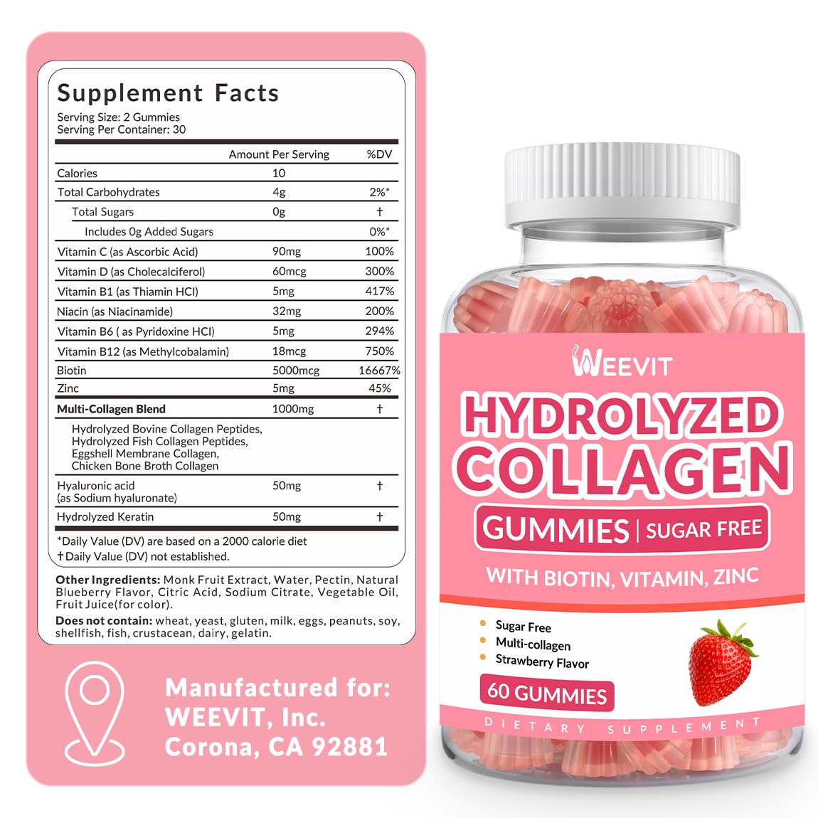 Collagen Gummies for Women, Hydrolyzed Collagen Peptides Gummies with Biotin, Collagen Supplements Gummy with Vitamin B12, C, D, Zinc for Hair Skin Nail