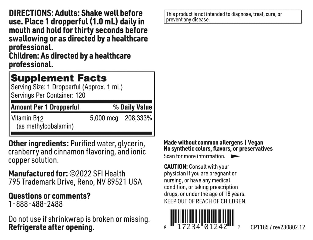 Klaire Labs SFI Health Vitamin B12 Liquid Drops 5mg - Mood & Cognitive Support from 5000mcg Active Coenzyme Methylcobalamin - Hypoallergenic (120 Servings, 4 Fluid Ounces)
