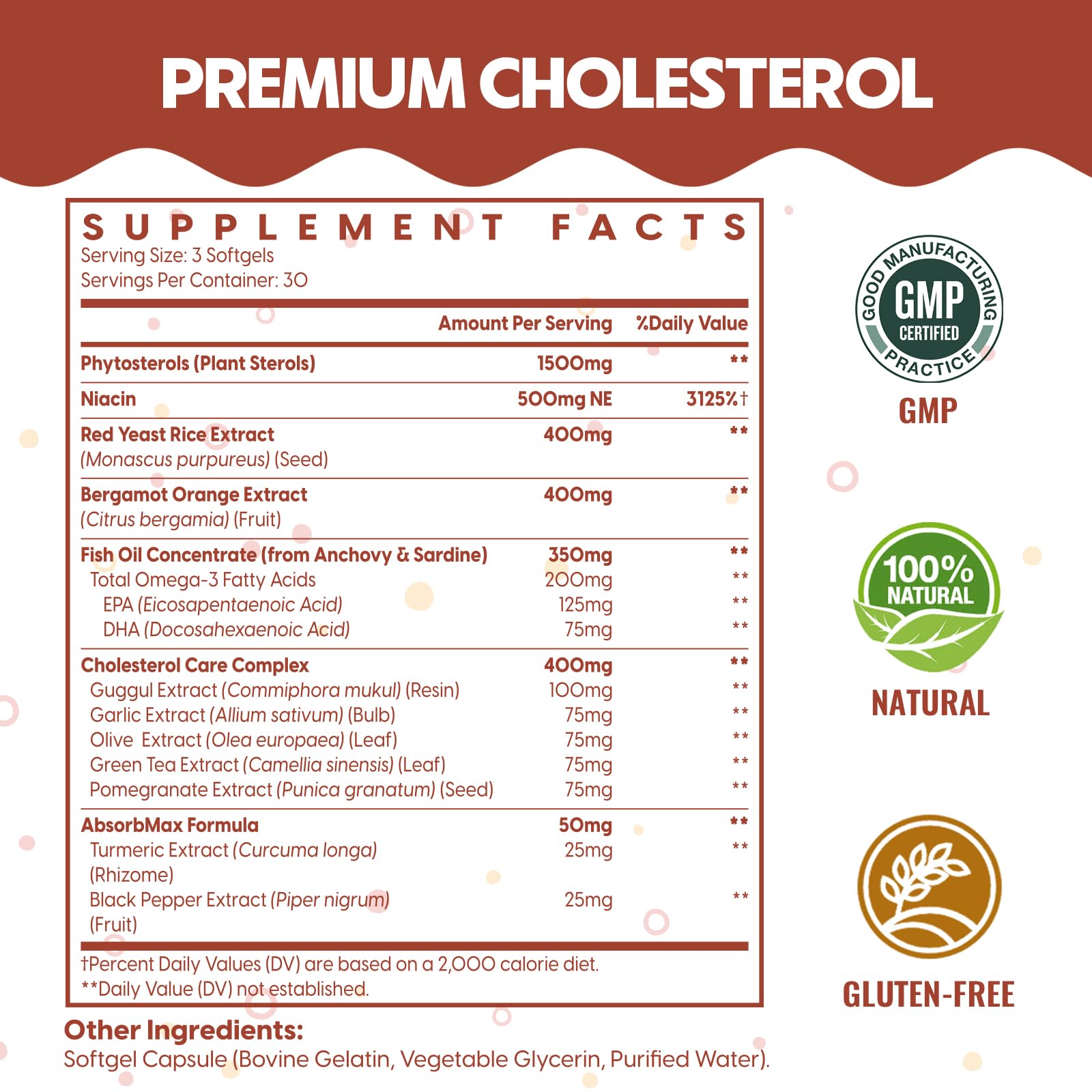 Cholesterol Supplements with Plant Sterols, Niacin, Red Yeast Rice, Citrus Bergamot, Garlic, Cholesterol Supplement Support Normal Cholesterol Levels, 180 Softgels