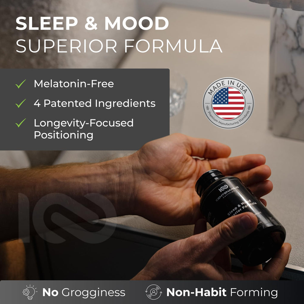 Centenarius Nutrition Sleep and Mood Formula with L-Theanine, 5-HTP, PharmaGABA + More for Sleep + Enhanced Mood & Stress Levels (60 Count)