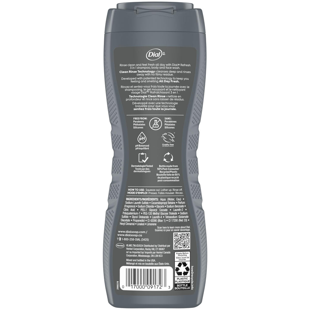 Dial Men 3 in 1 Body, Hair and Face Wash, Refresh, 16 Fl Oz, Pack of 6, Blue Sage Scent, Cleanses Deep + Gentle on Skin with Clean Rinse Technology