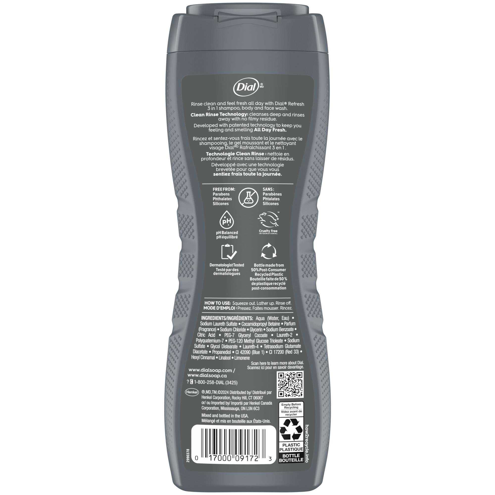 Dial Men 3 in 1 Body, Hair and Face Wash, Refresh, 16 Fl Oz, Pack of 6, Blue Sage Scent, Cleanses Deep + Gentle on Skin with Clean Rinse Technology