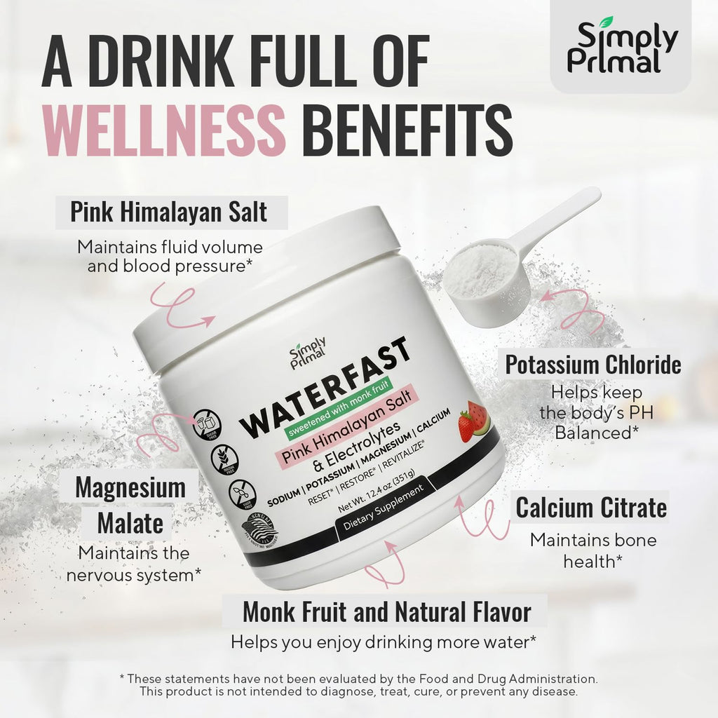 Simply Primal WATERFAST Monk Fruit Keto Electrolyte Powder for Fasting and Hydration- Strawberry Watermelon Flavor | Pink Himalayan Salt (Sodium), Potassium, Magnesium, Calcium | Sugar Free