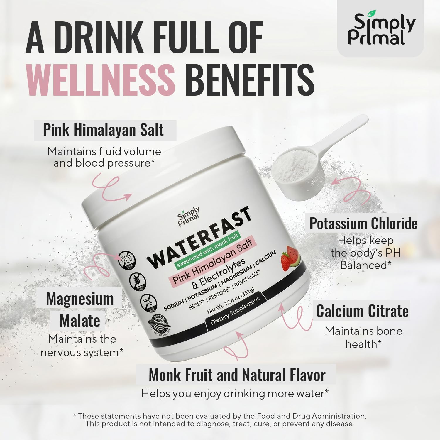 Simply Primal WATERFAST Monk Fruit Keto Electrolyte Powder for Fasting and Hydration- Strawberry Watermelon Flavor | Pink Himalayan Salt (Sodium), Potassium, Magnesium, Calcium | Sugar Free